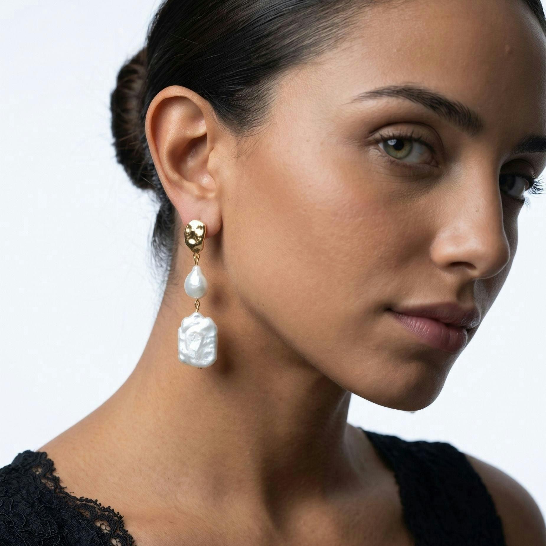 Shinju Gold Square Pearl Earrings , view 2 of 5
