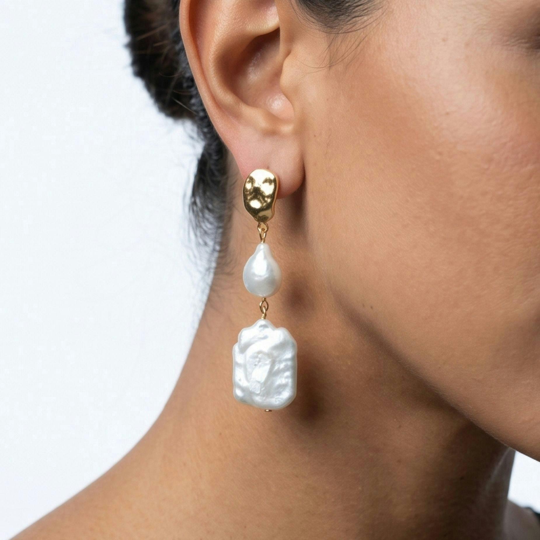 Shinju Gold Square Pearl Earrings , view 3 of 5