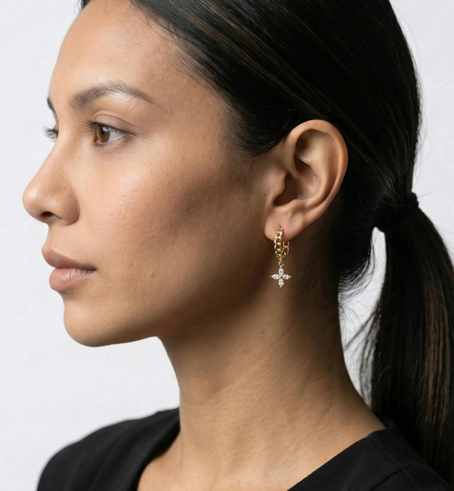 Kinmokusei Gold Flower Drop Chain Hoop Earrings , view 2 of 5