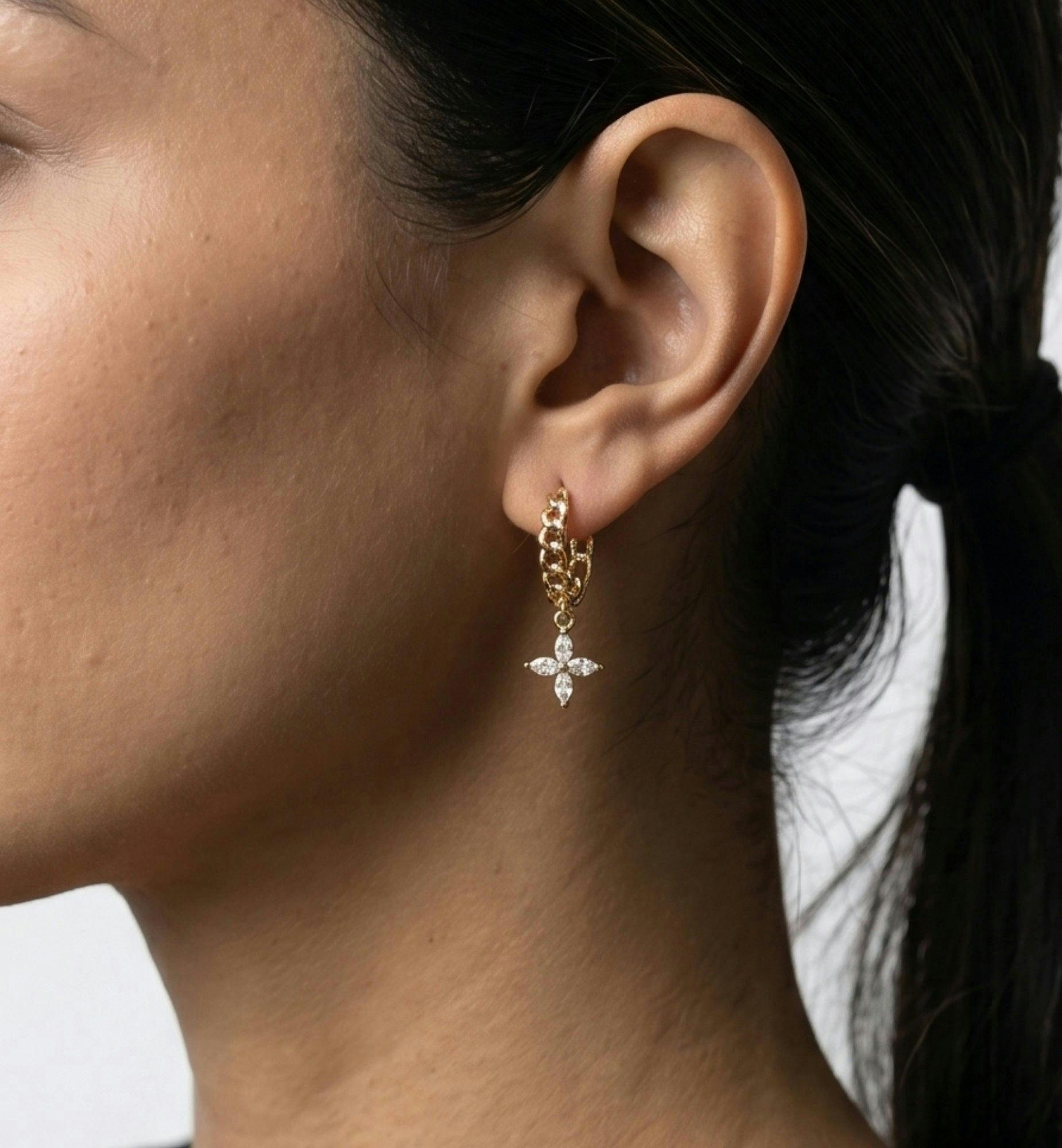 Kinmokusei Gold Flower Drop Chain Hoop Earrings , view 4 of 5