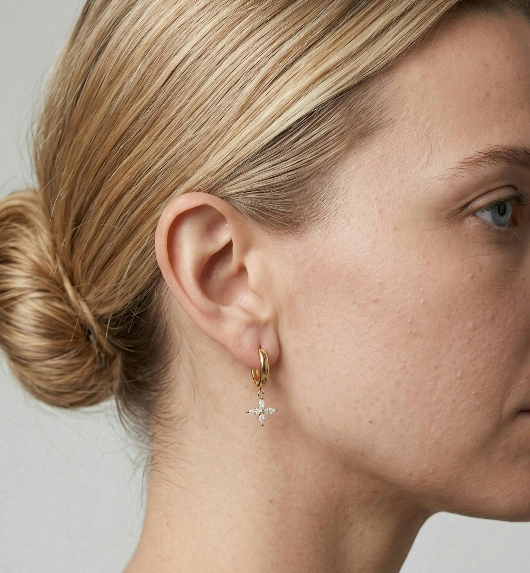Kinmokusei Gold Flower Drop Huggie Hoop Earrings , view 2 of 5