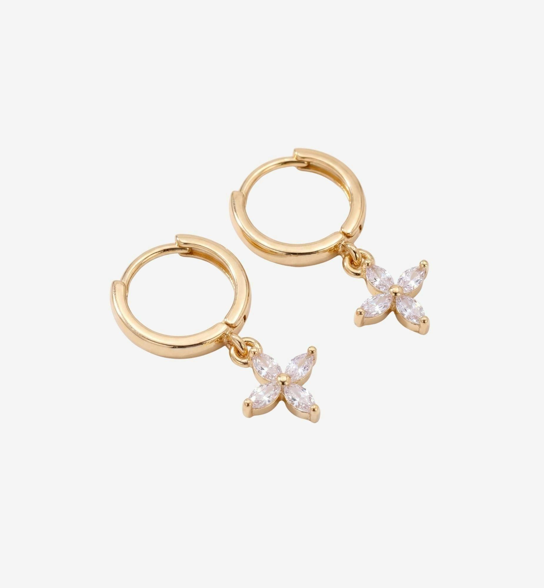 Kinmokusei Gold Flower Drop Huggie Hoop Earrings , view 3 of 5