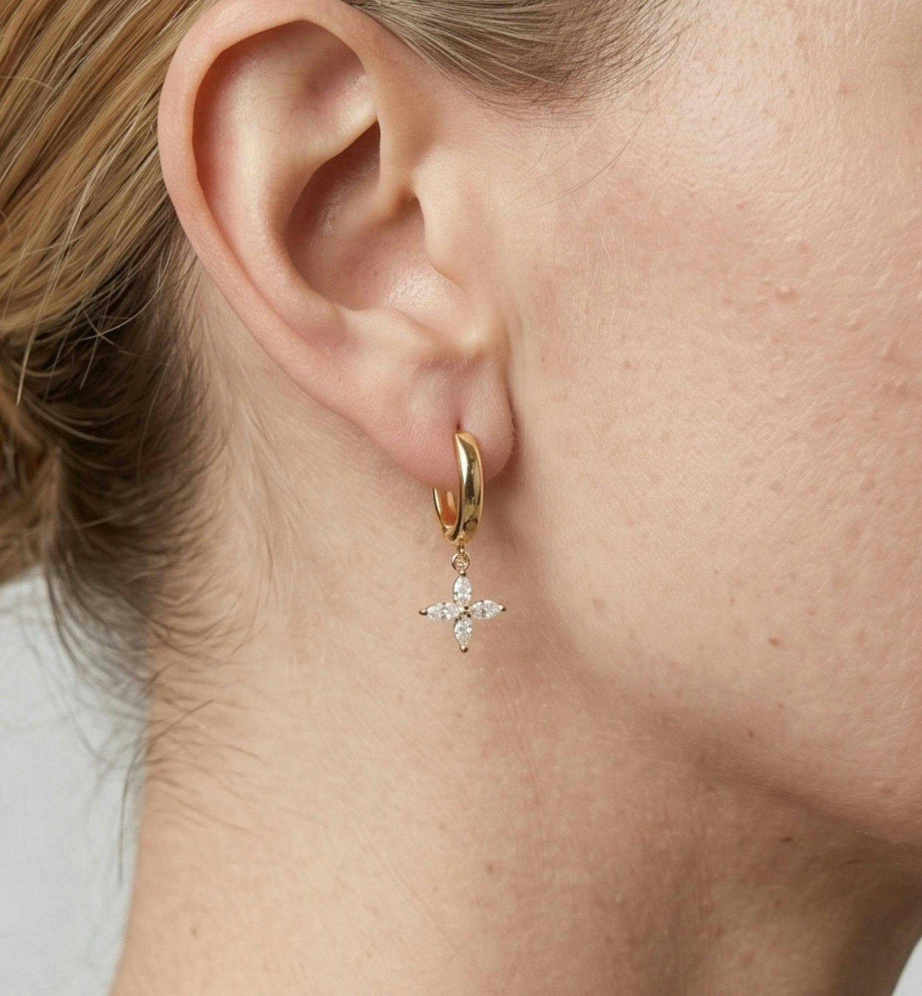 Kinmokusei Gold Flower Drop Huggie Hoop Earrings , view 4 of 5