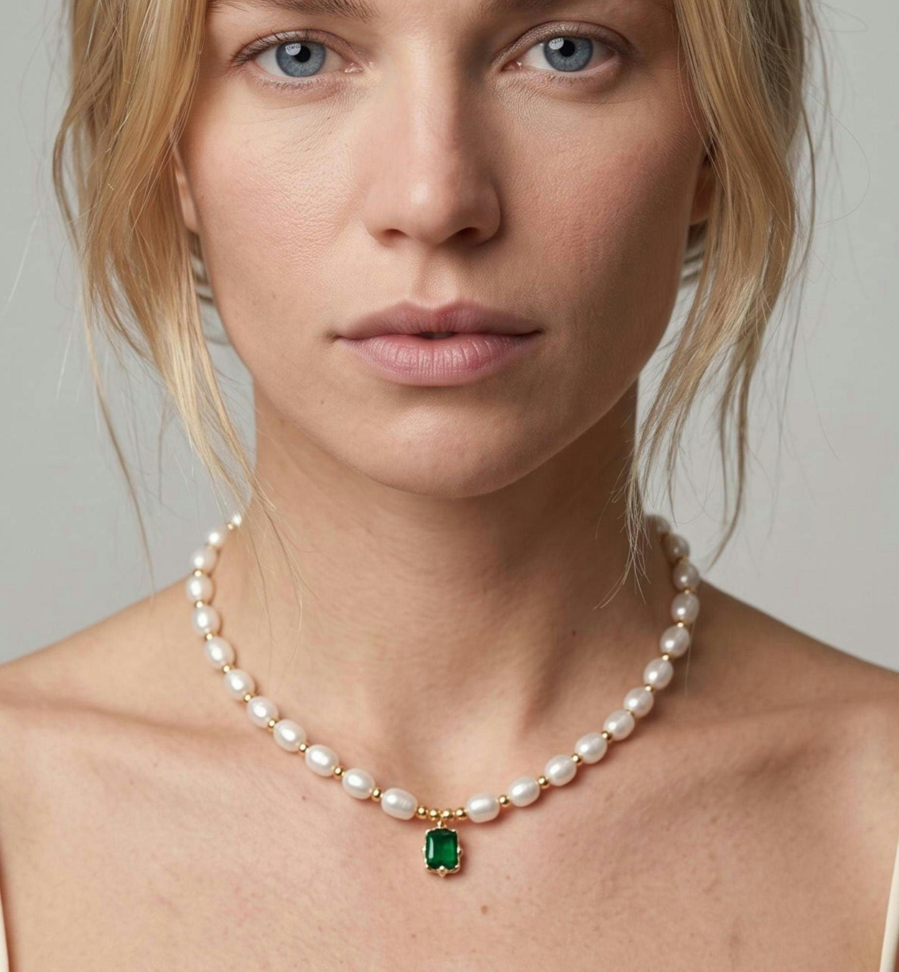 Shinju Pearl Necklace with Green Stone , view 2 of 5
