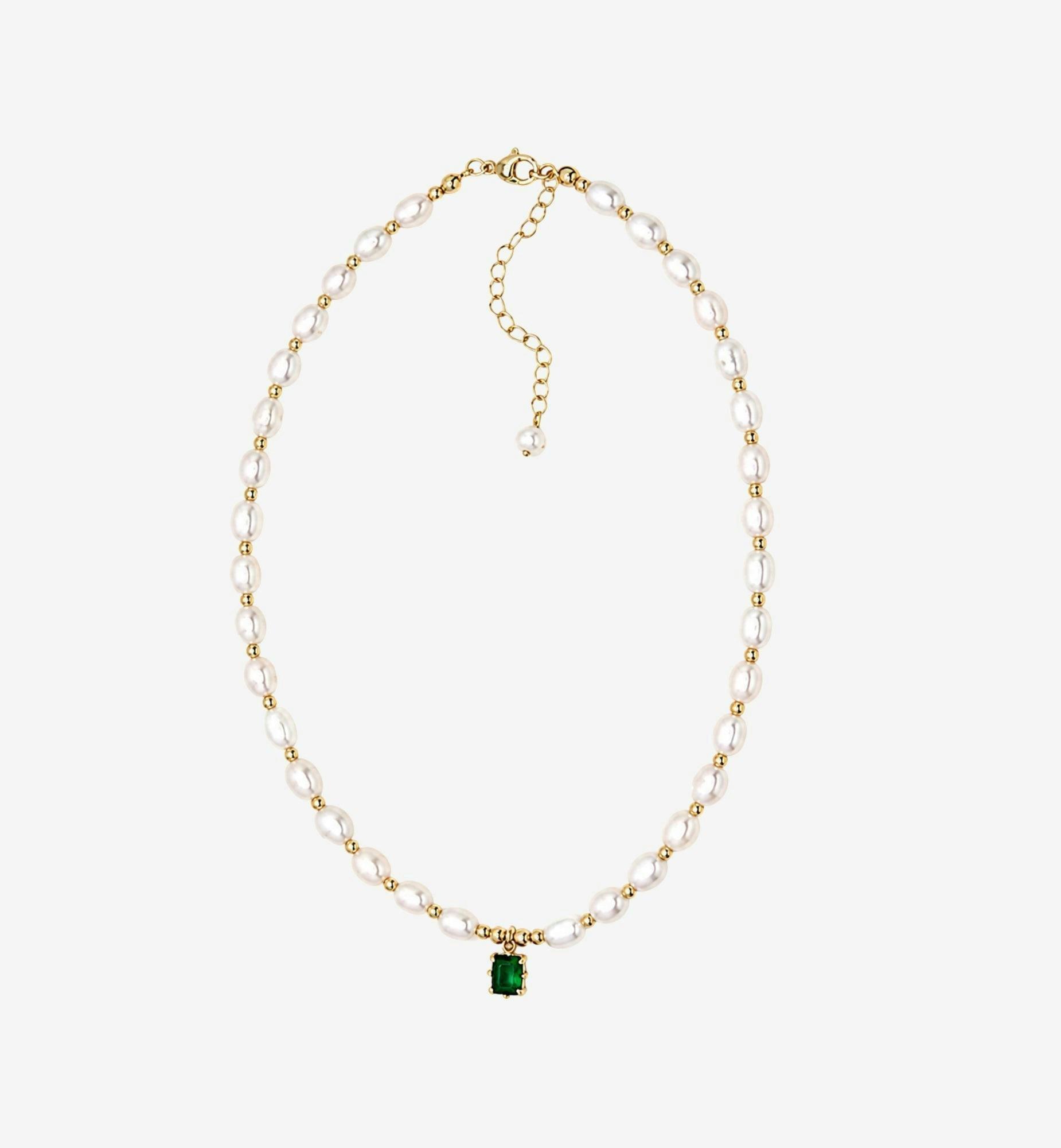 Shinju Pearl Necklace with Green Stone , view 3 of 5