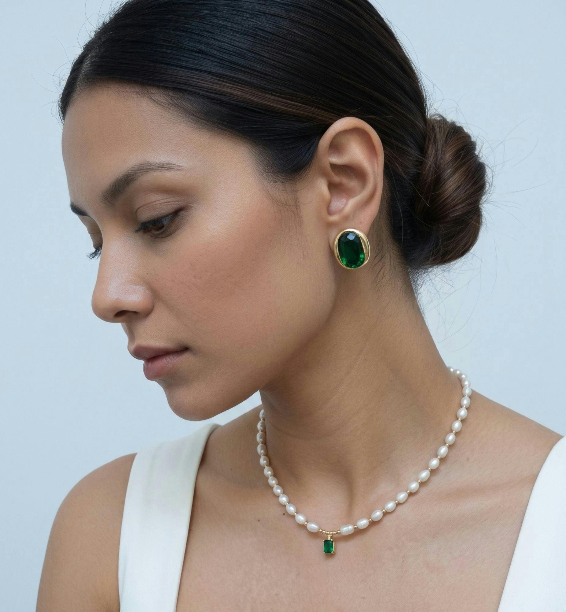Shinju Pearl Necklace with Green Stone , view 4 of 5