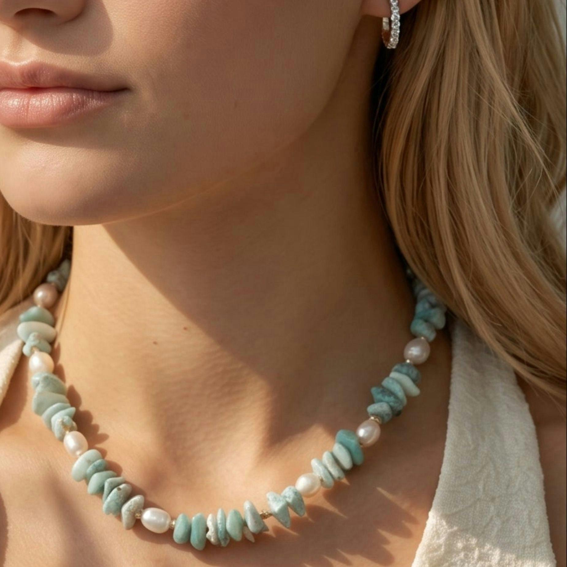 Shinju Pearl and Aqua Larimar Stone Necklace , view 2 of 4