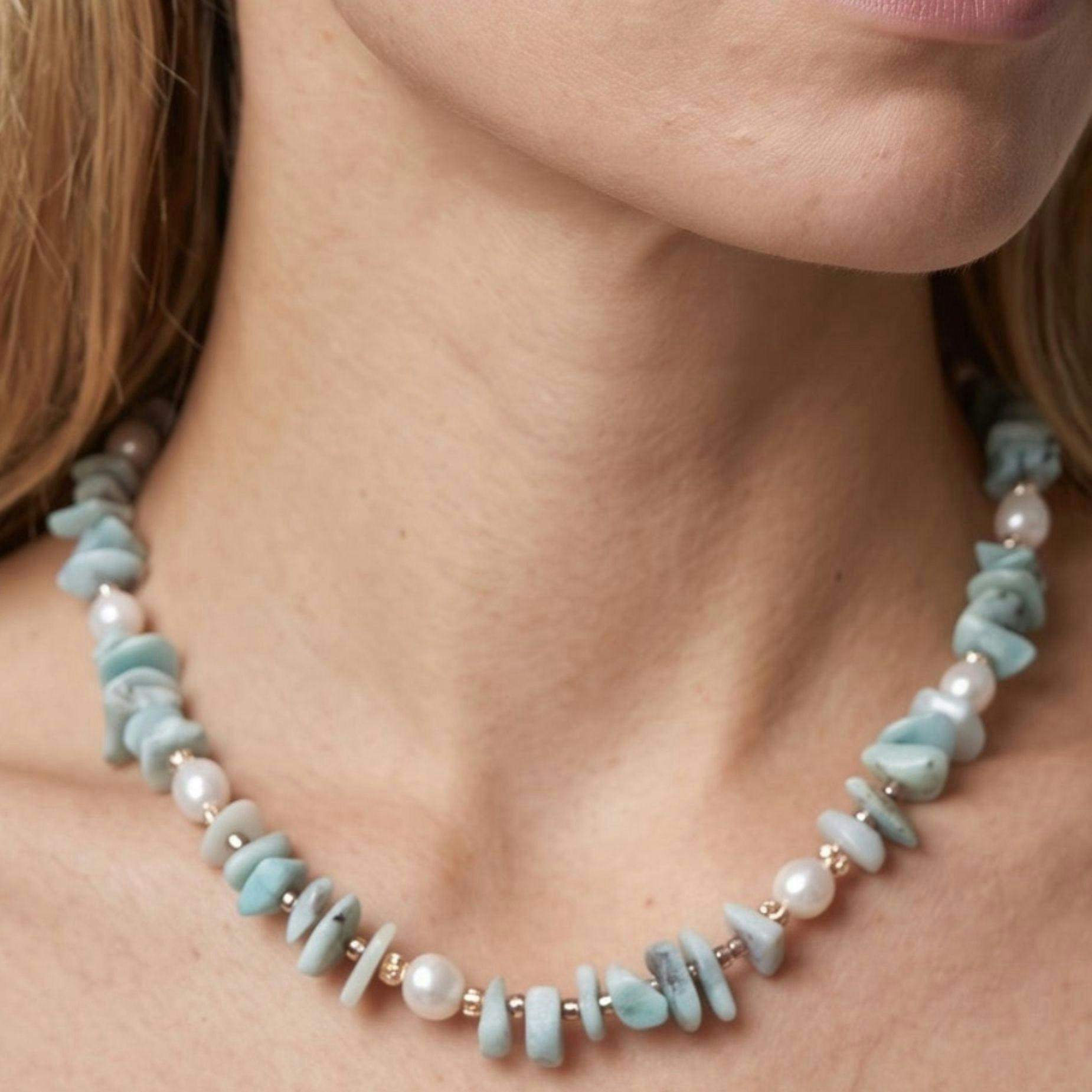 Shinju Pearl and Aqua Larimar Stone Necklace , view 3 of 4