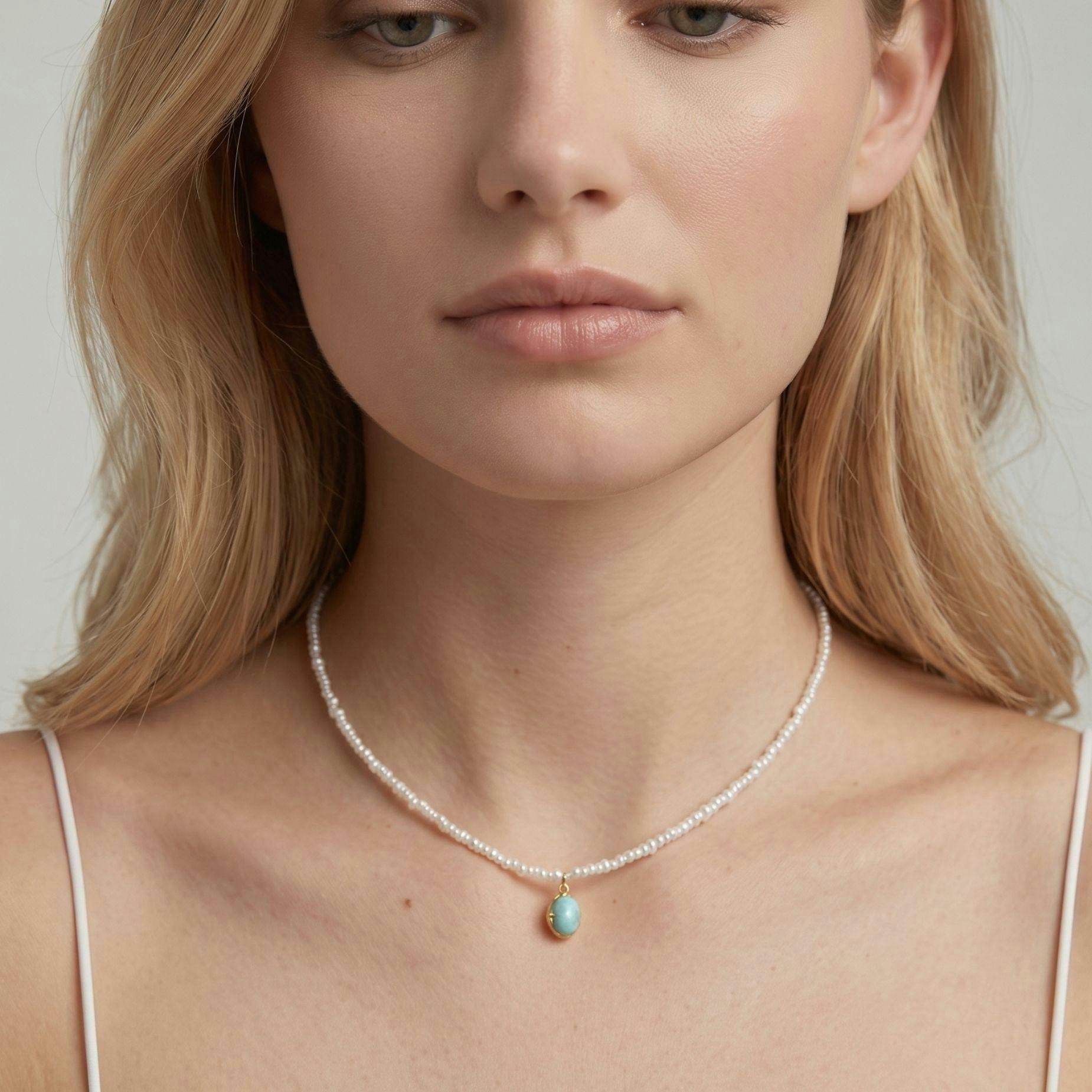 Shinju Pearl and Larimar Stone Pendant Necklace , view 2 of 4