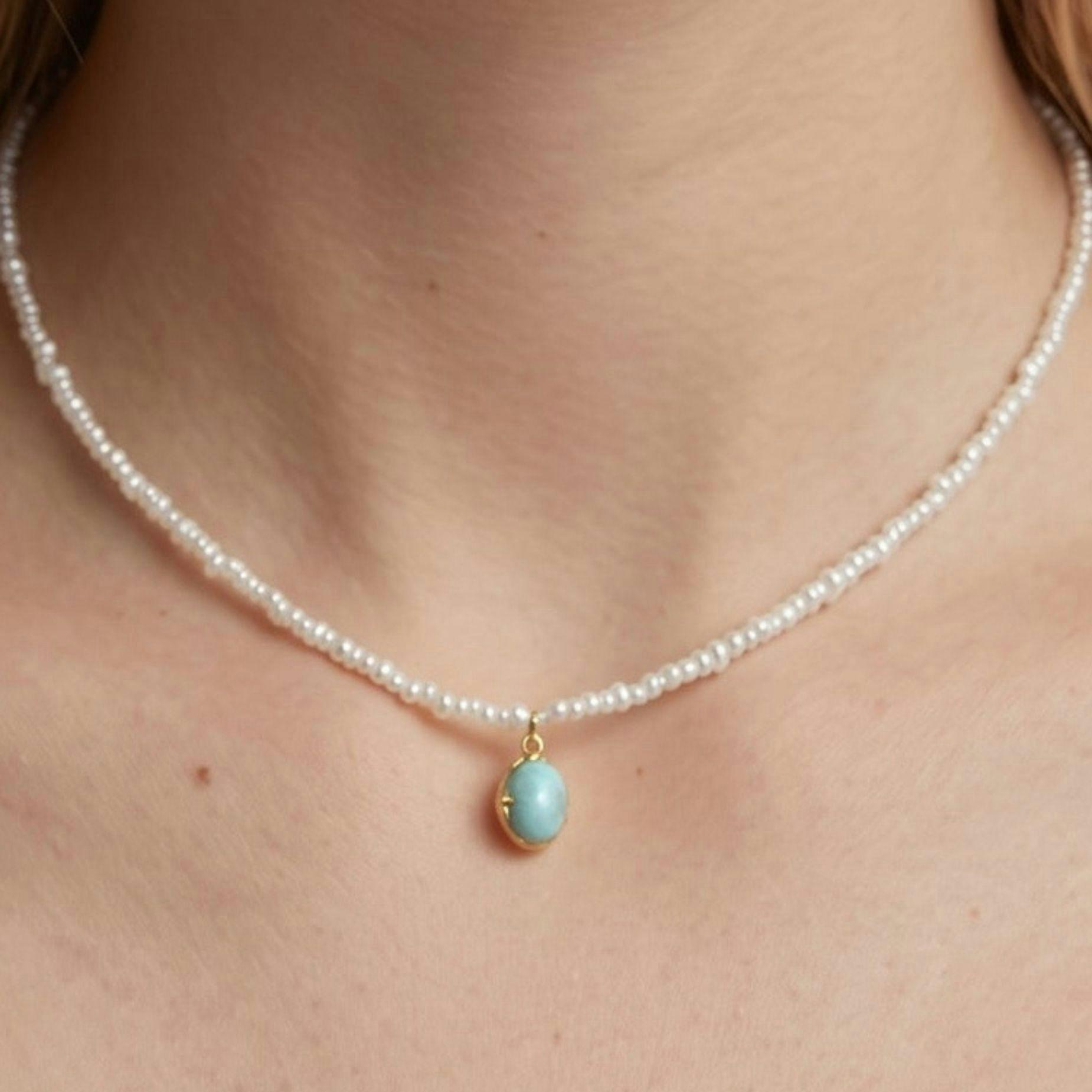 Shinju Pearl and Larimar Stone Pendant Necklace , view 3 of 4