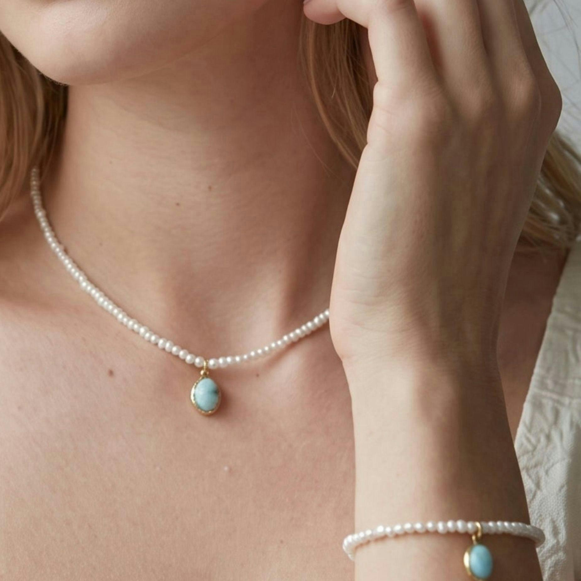 Shinju Pearl and Larimar Stone Pendant Bracelet , view 2 of 4