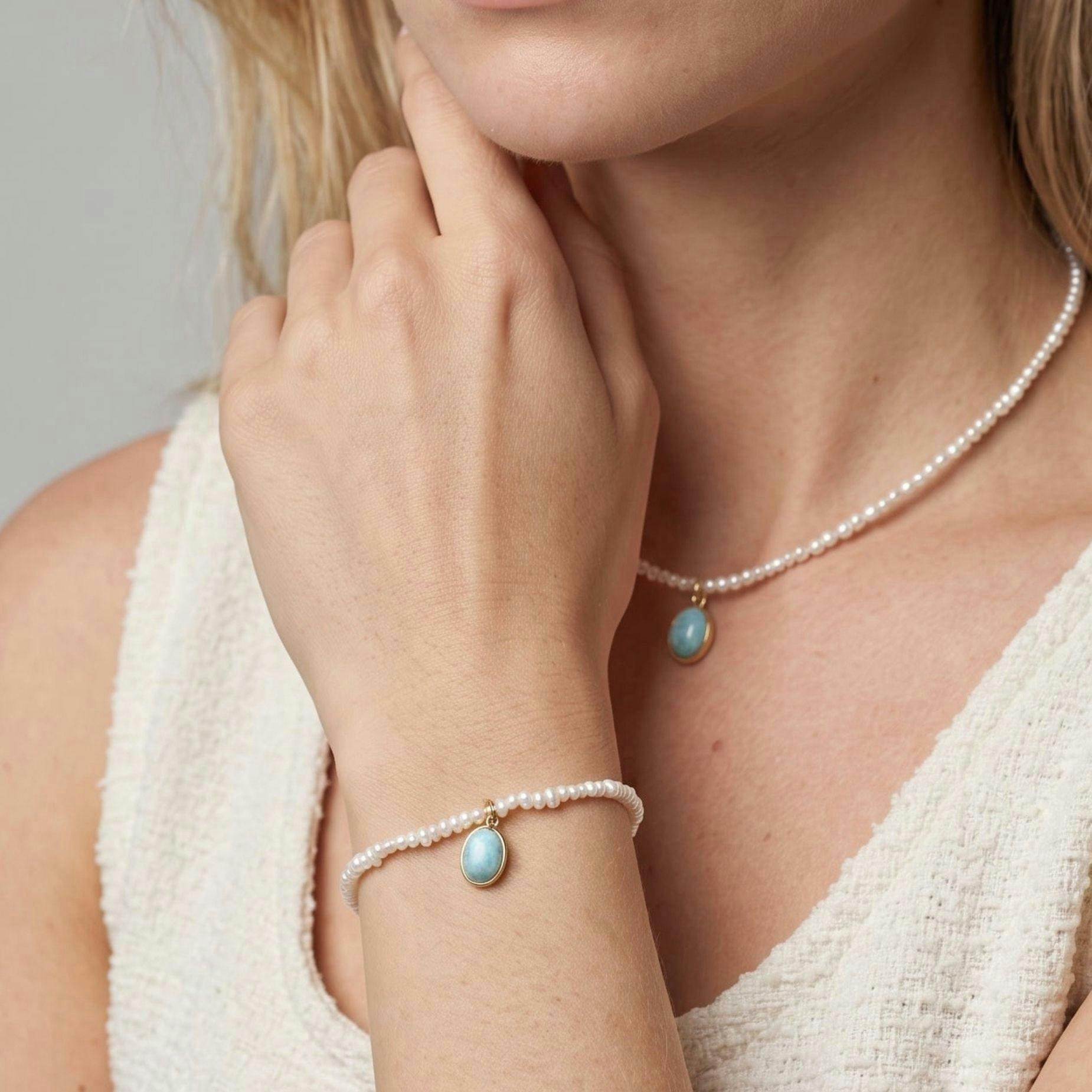 Shinju Pearl and Larimar Stone Pendant Bracelet , view 3 of 4