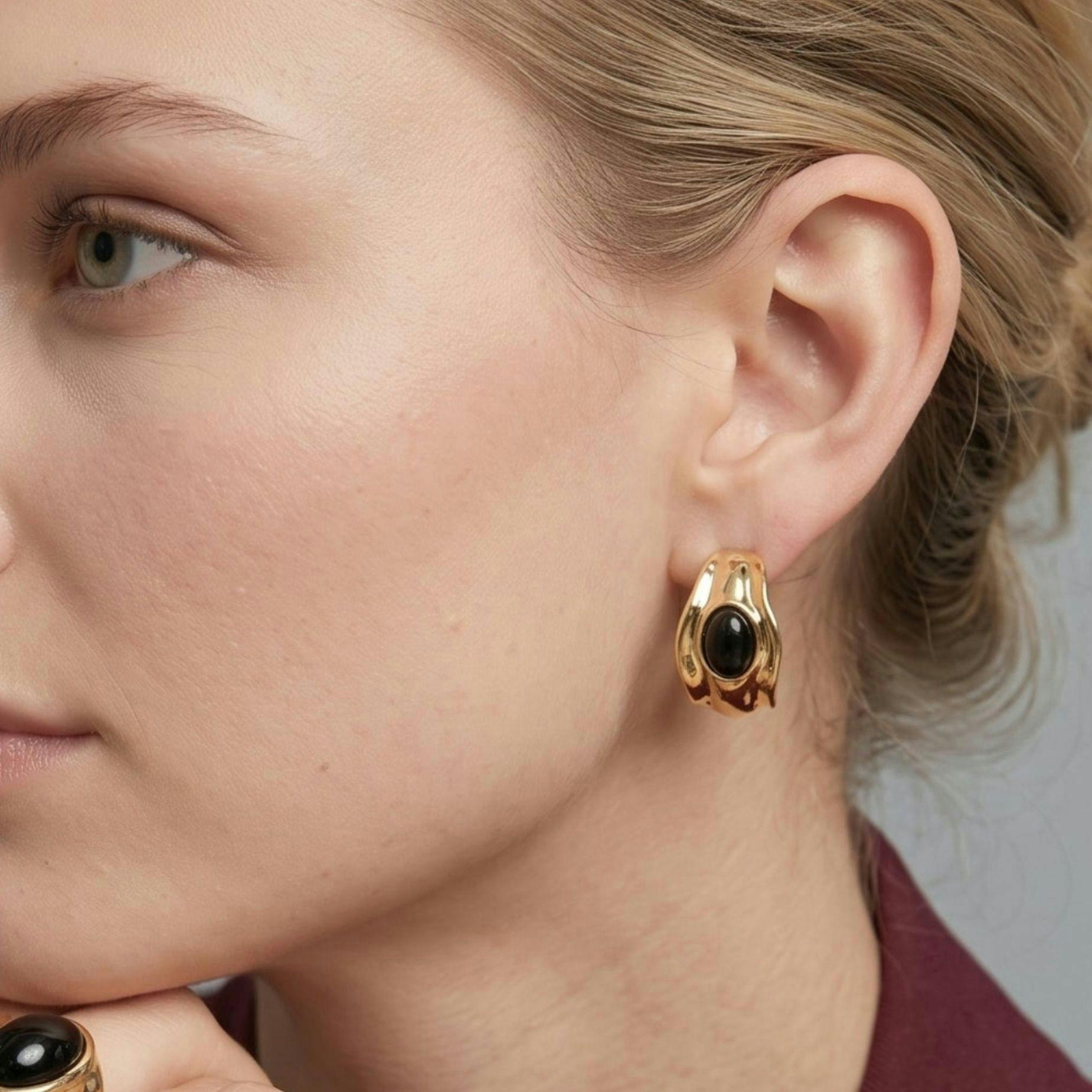 Enso Black Onyx Molten Gold Hoop Earrings , view 2 of 5