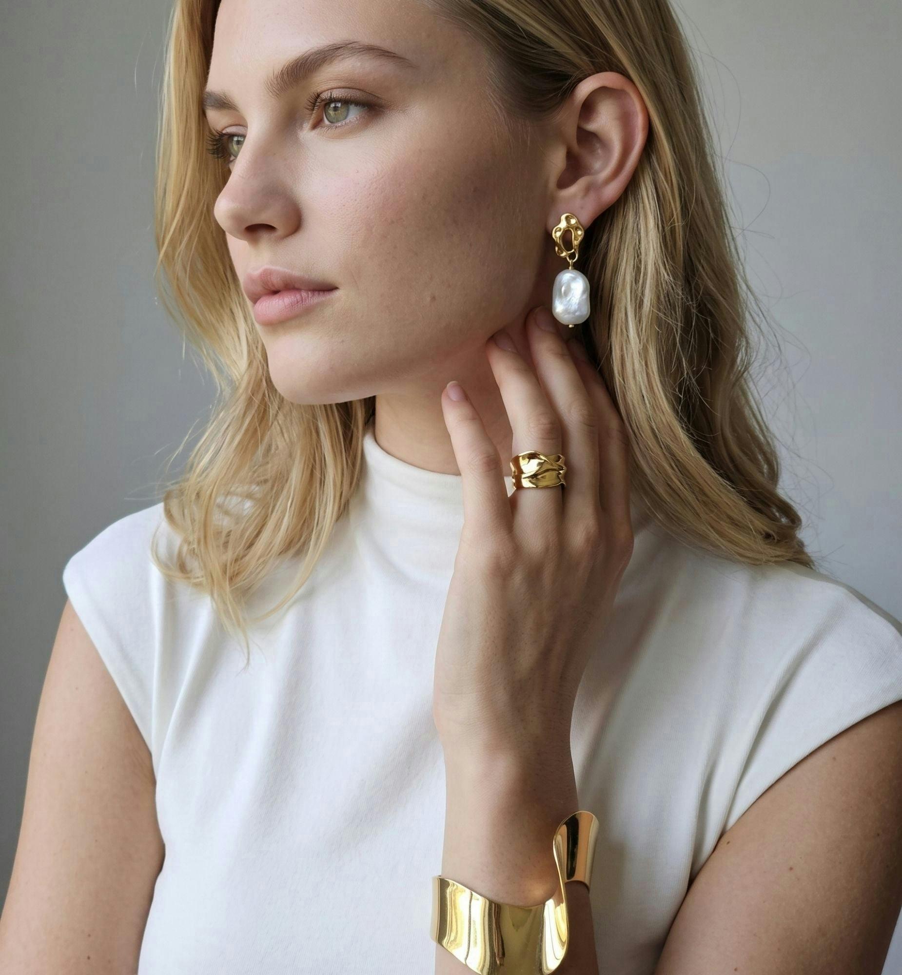 Shinju Baroque Pearl and Molten Gold Earrings , view 2 of 5
