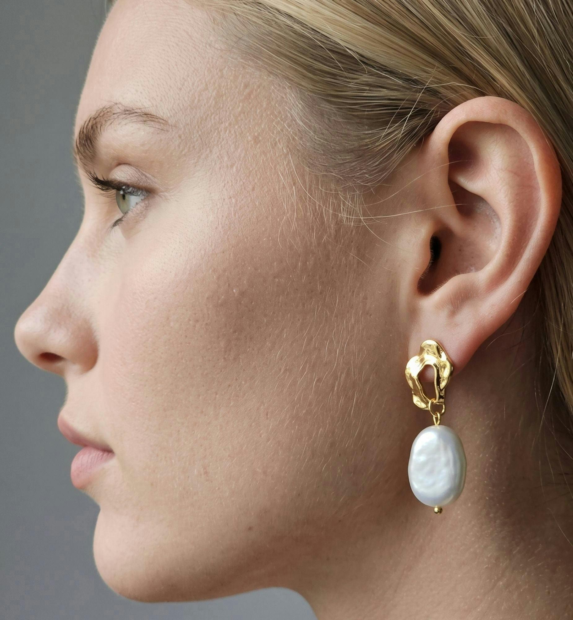 Shinju Baroque Pearl and Molten Gold Earrings , view 4 of 5