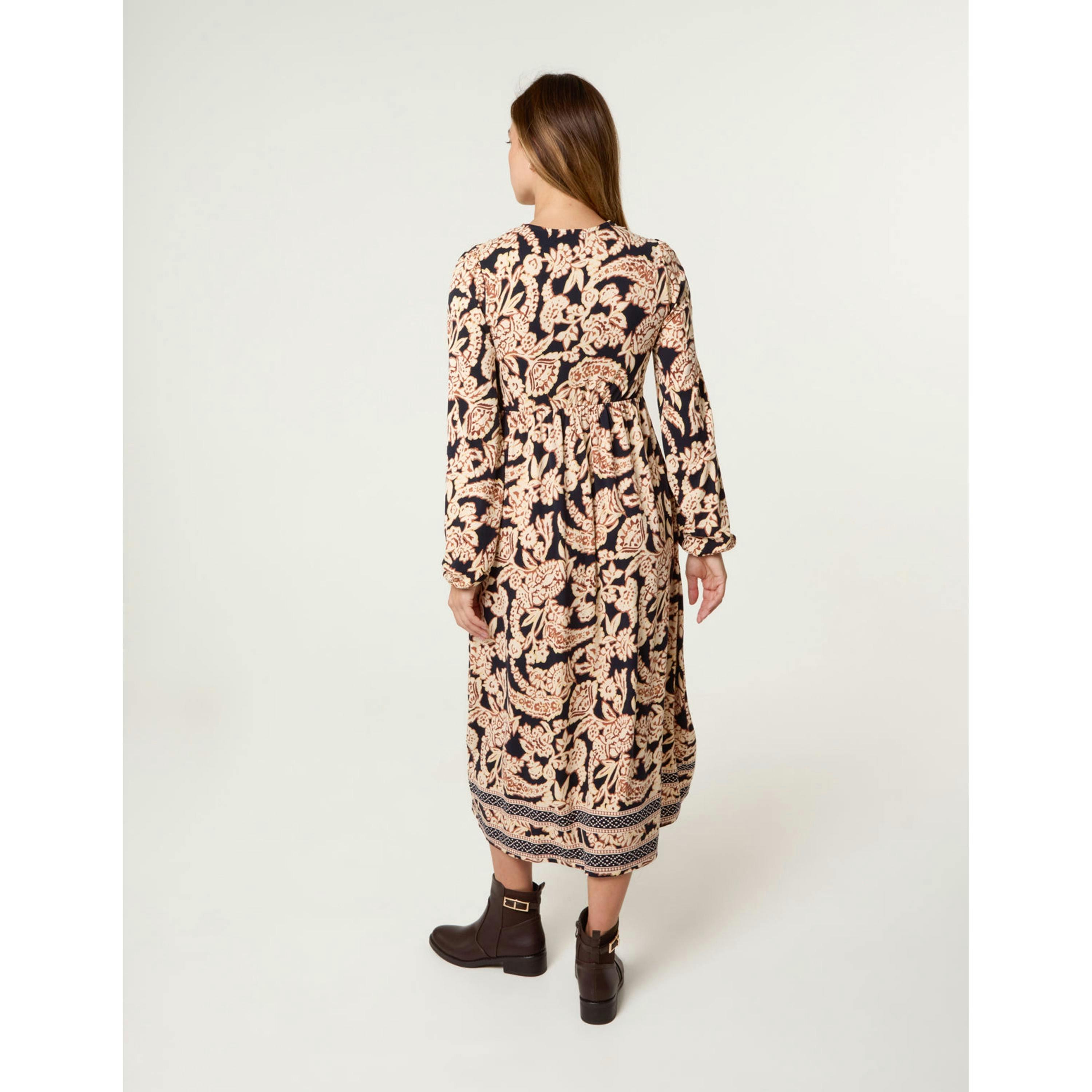 Blue Vanilla V Neck Shirred Border Print Midi Dress  in Navy , view 2 of 4