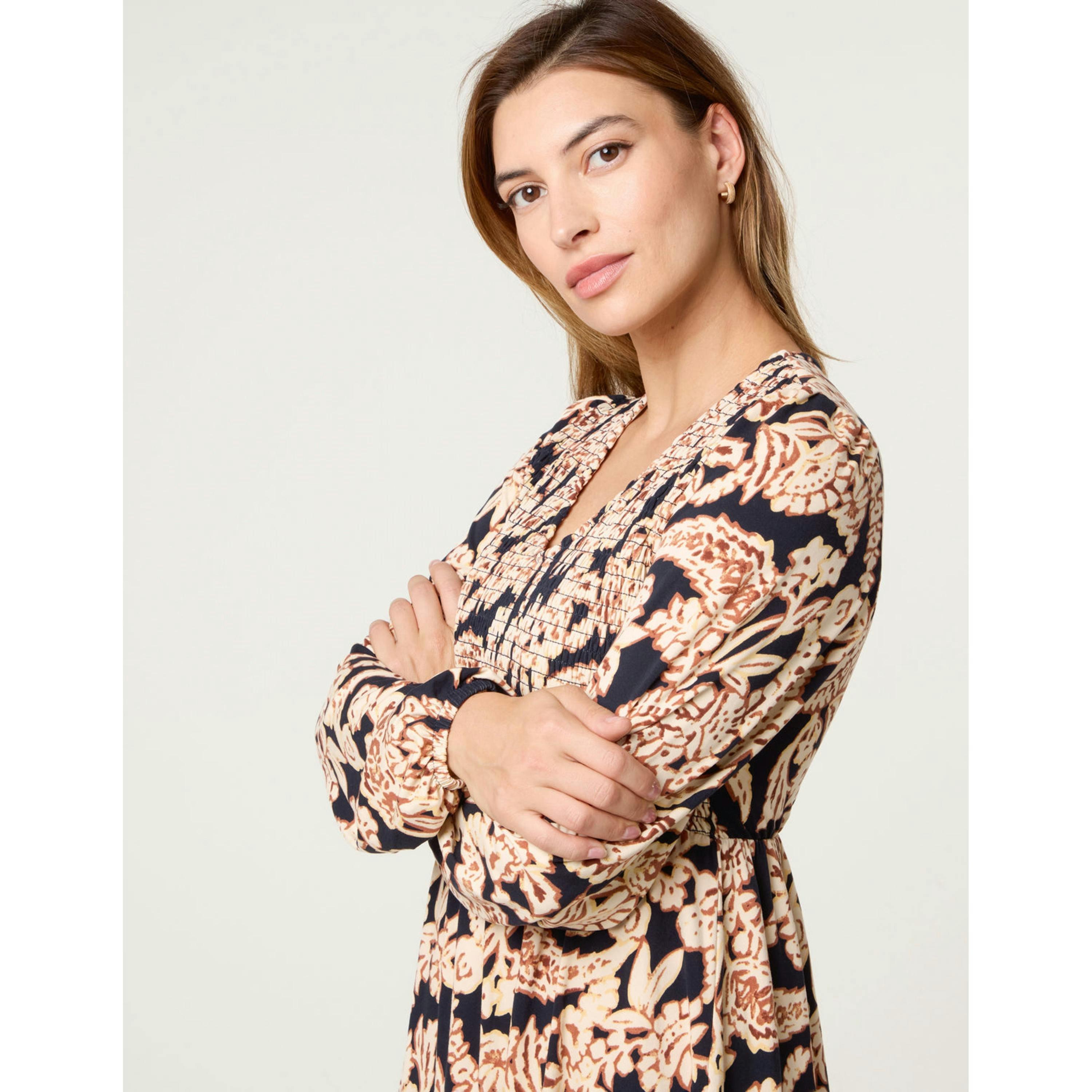 Blue Vanilla V Neck Shirred Border Print Midi Dress  in Navy , view 3 of 4