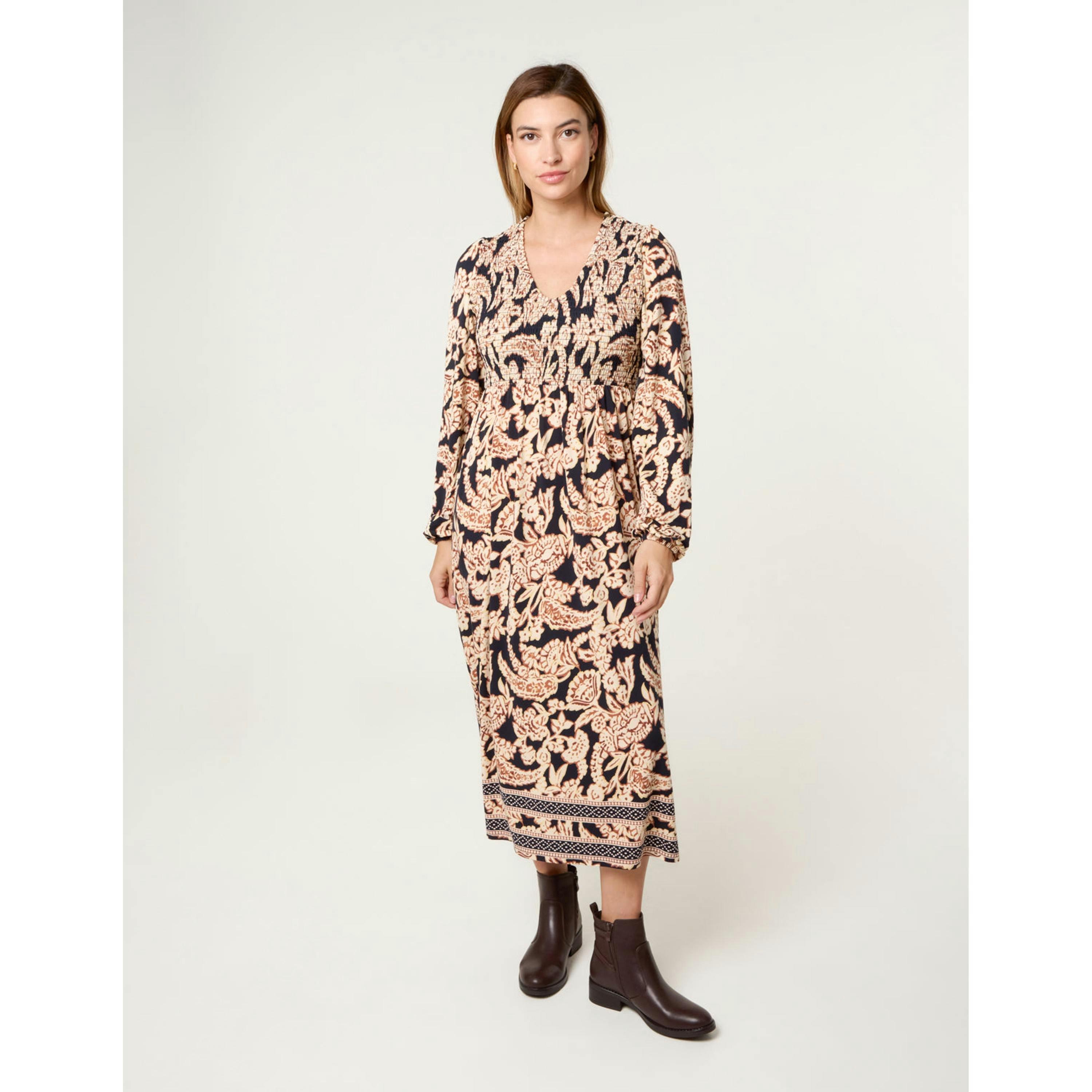 Blue Vanilla V Neck Shirred Border Print Midi Dress  in Navy , view 4 of 4