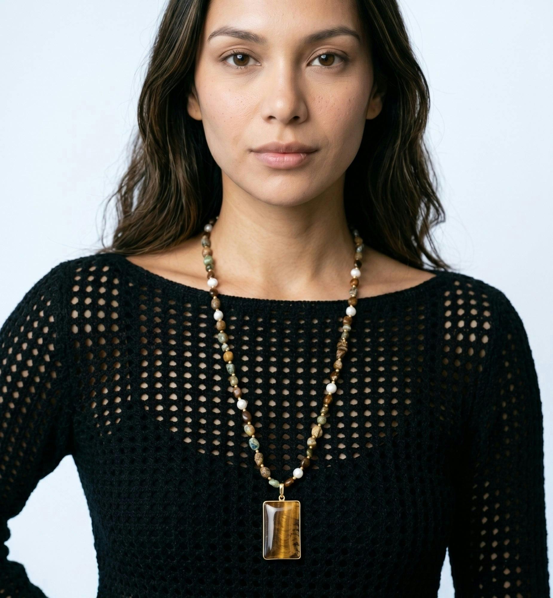 Nekomeishi Tigers Eye and Semi-Precious Stones Necklace , view 2 of 6