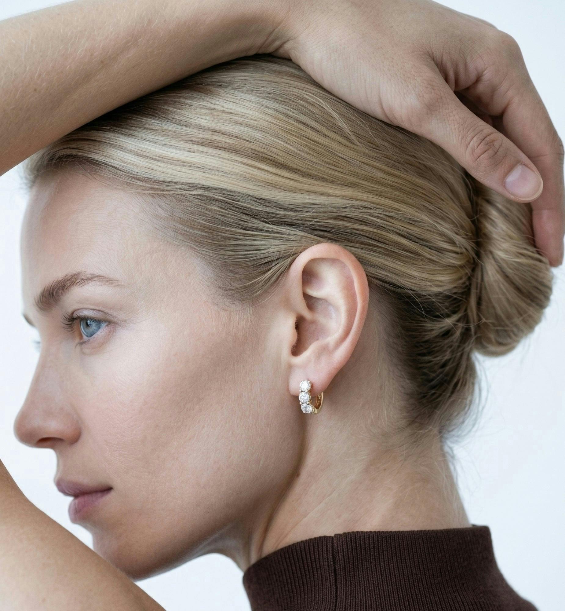 Shikaku 3 Stone Huggie Hoop Earrings , view 2 of 6