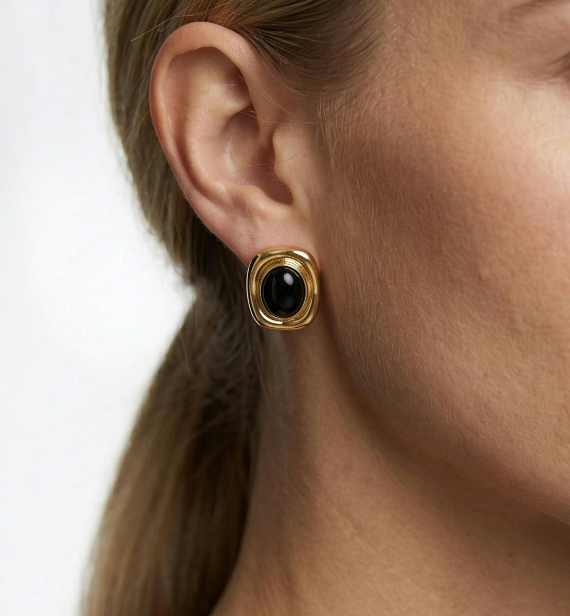 Enso Black Onyx and Gold Stud Earrings , view 4 of 5