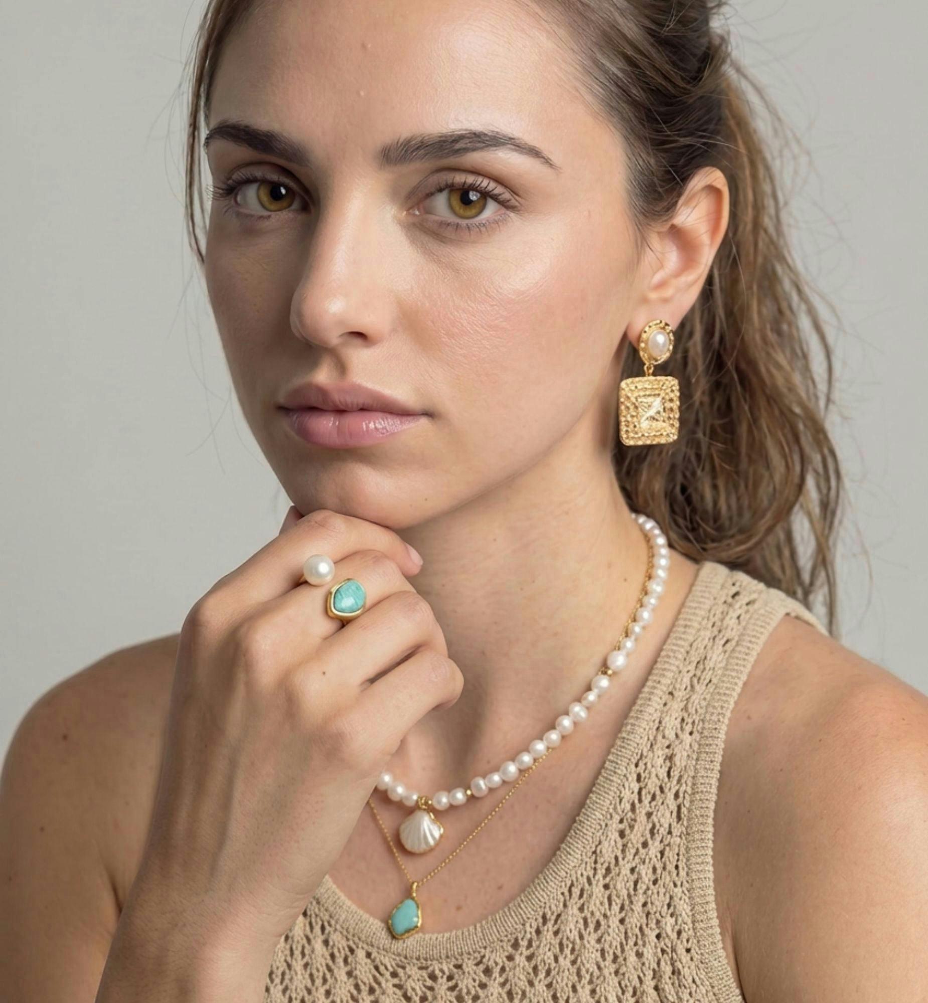 Shinju Pearl and Amazonite Stone Ring , view 2 of 5