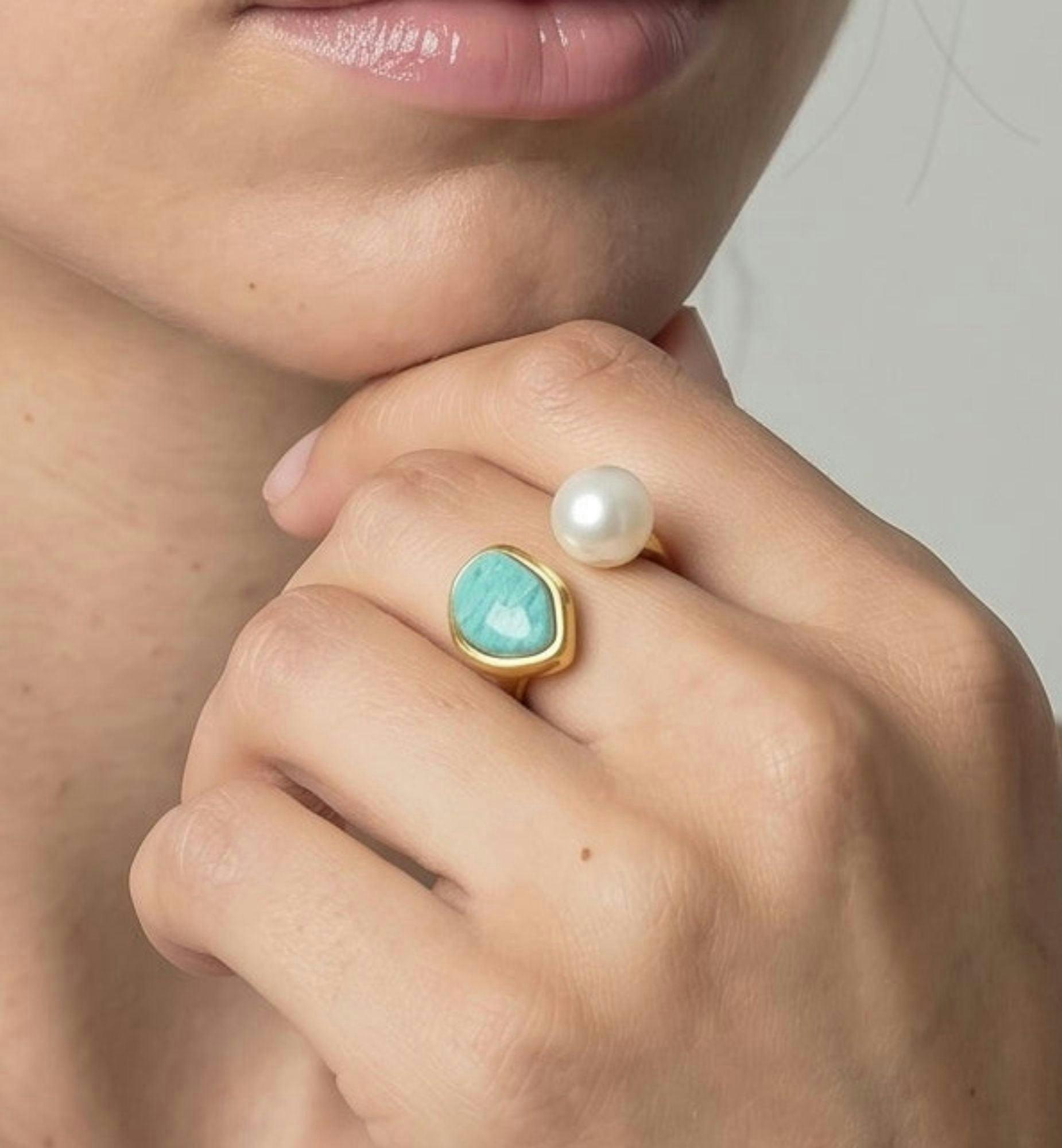 Shinju Pearl and Amazonite Stone Ring , view 4 of 5