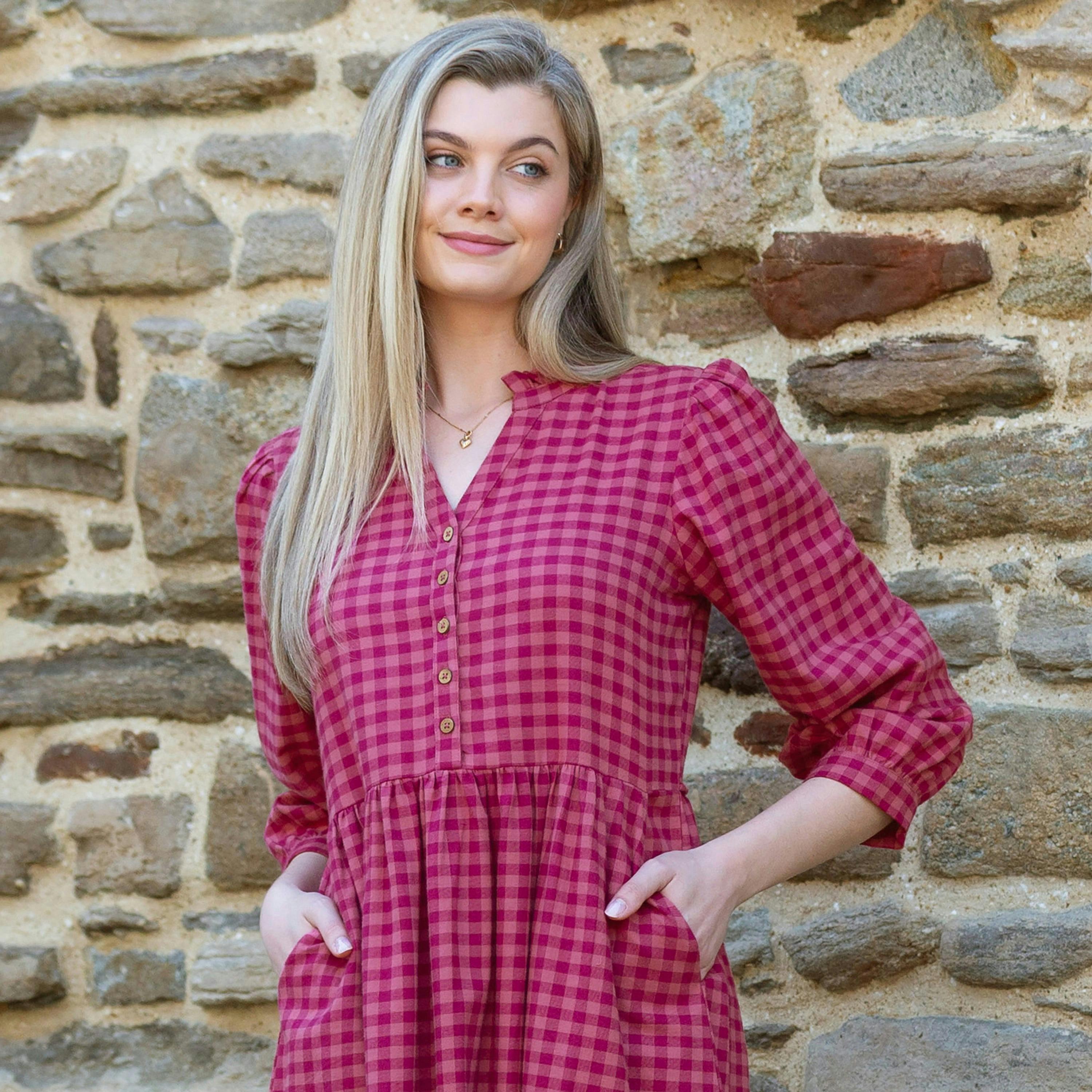 Organic Damson Check Worgret Flannel Dress , view 4 of 5