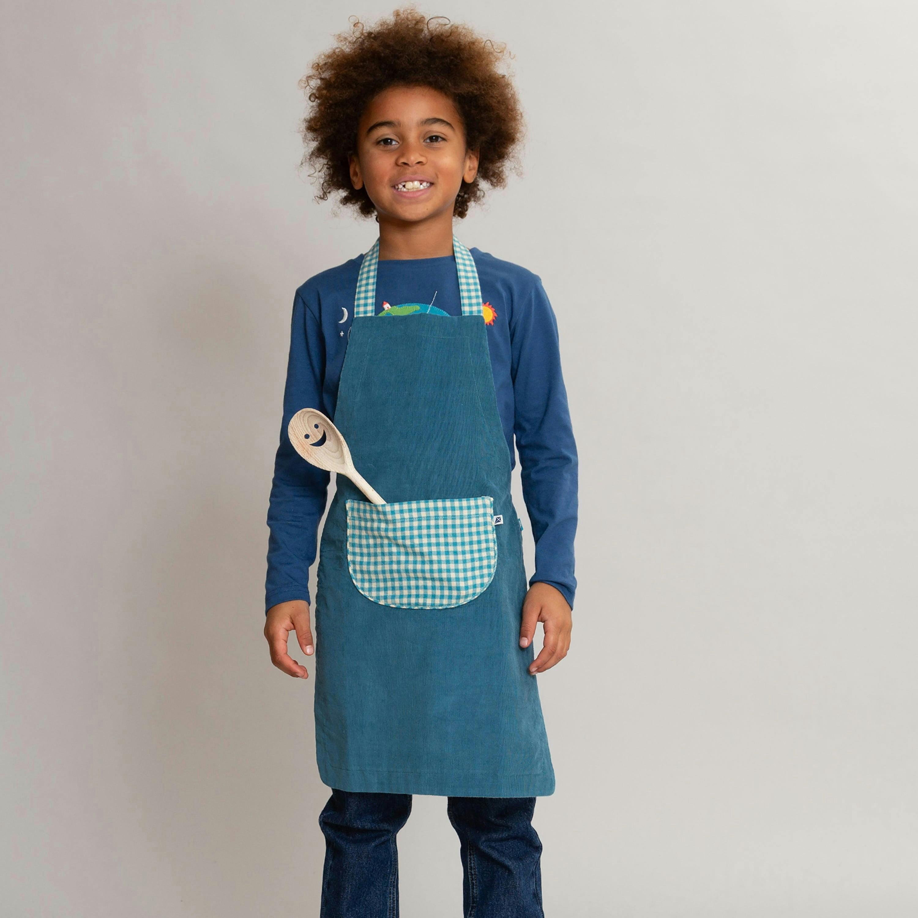 Kids Organic Ocean Check Reversible Apron , view 2 of 3