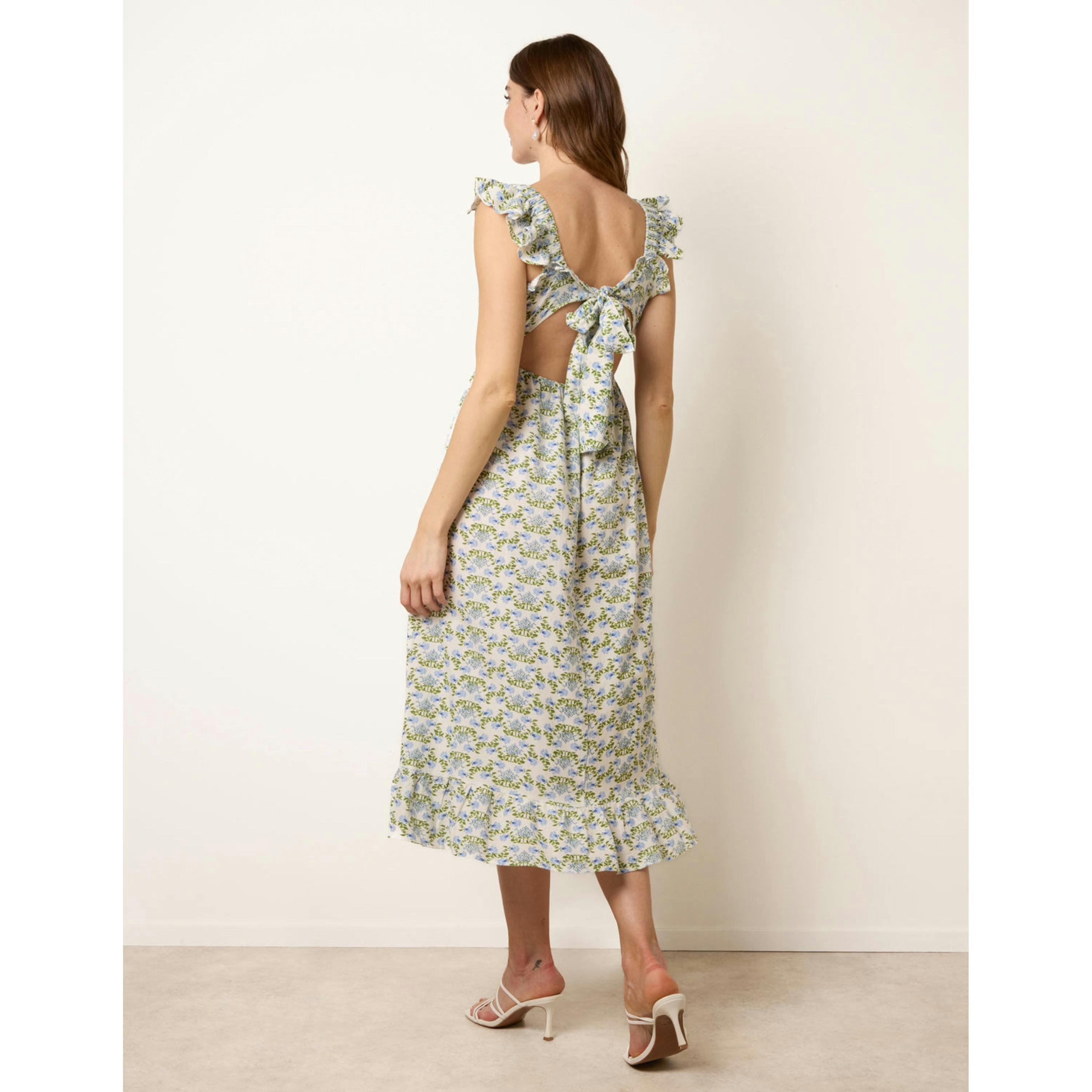 Blue Vanilla Floral & Frill Shirred Bodice Midi Dress  in Blue , view 2 of 6