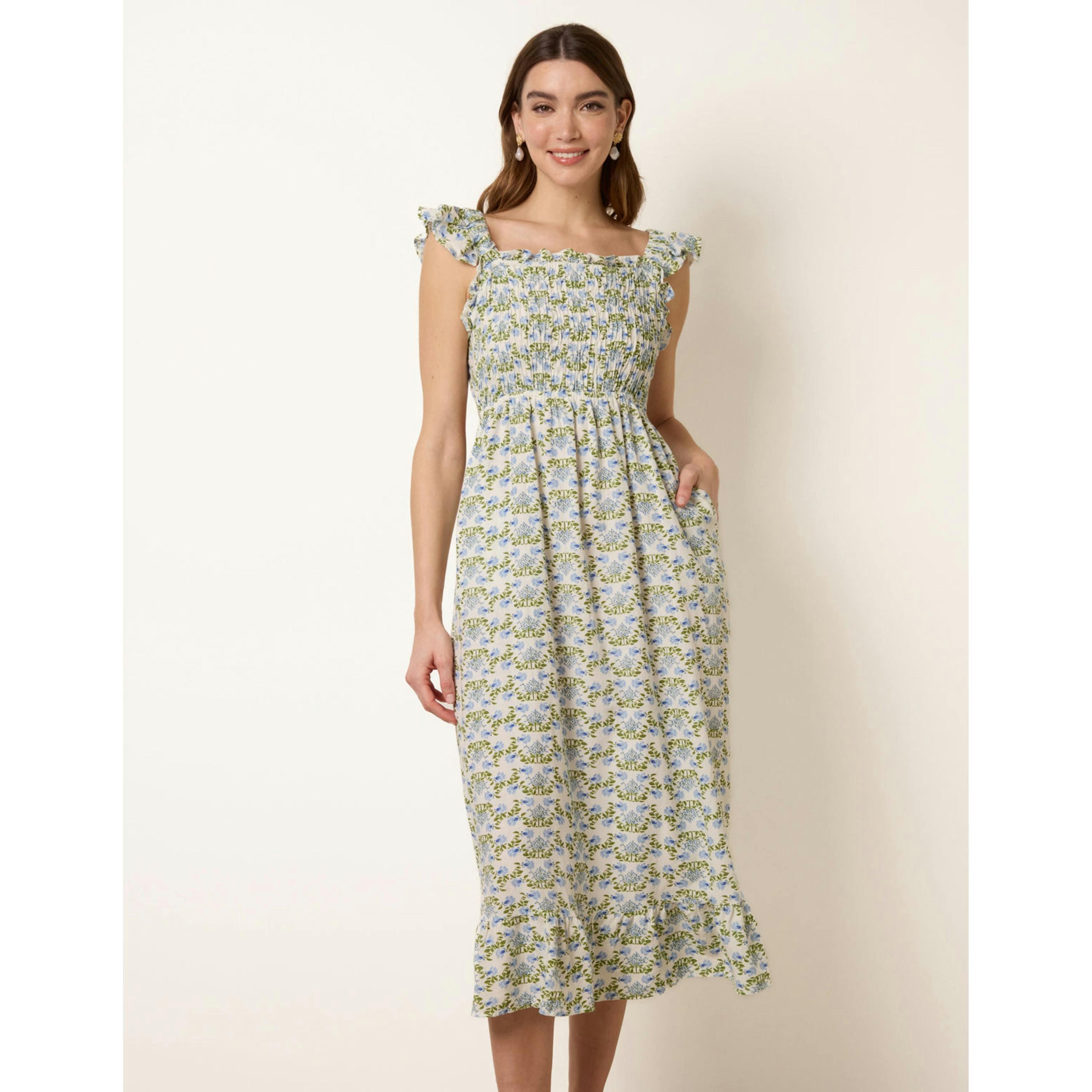 Blue Vanilla Floral & Frill Shirred Bodice Midi Dress  in Blue , view 4 of 6