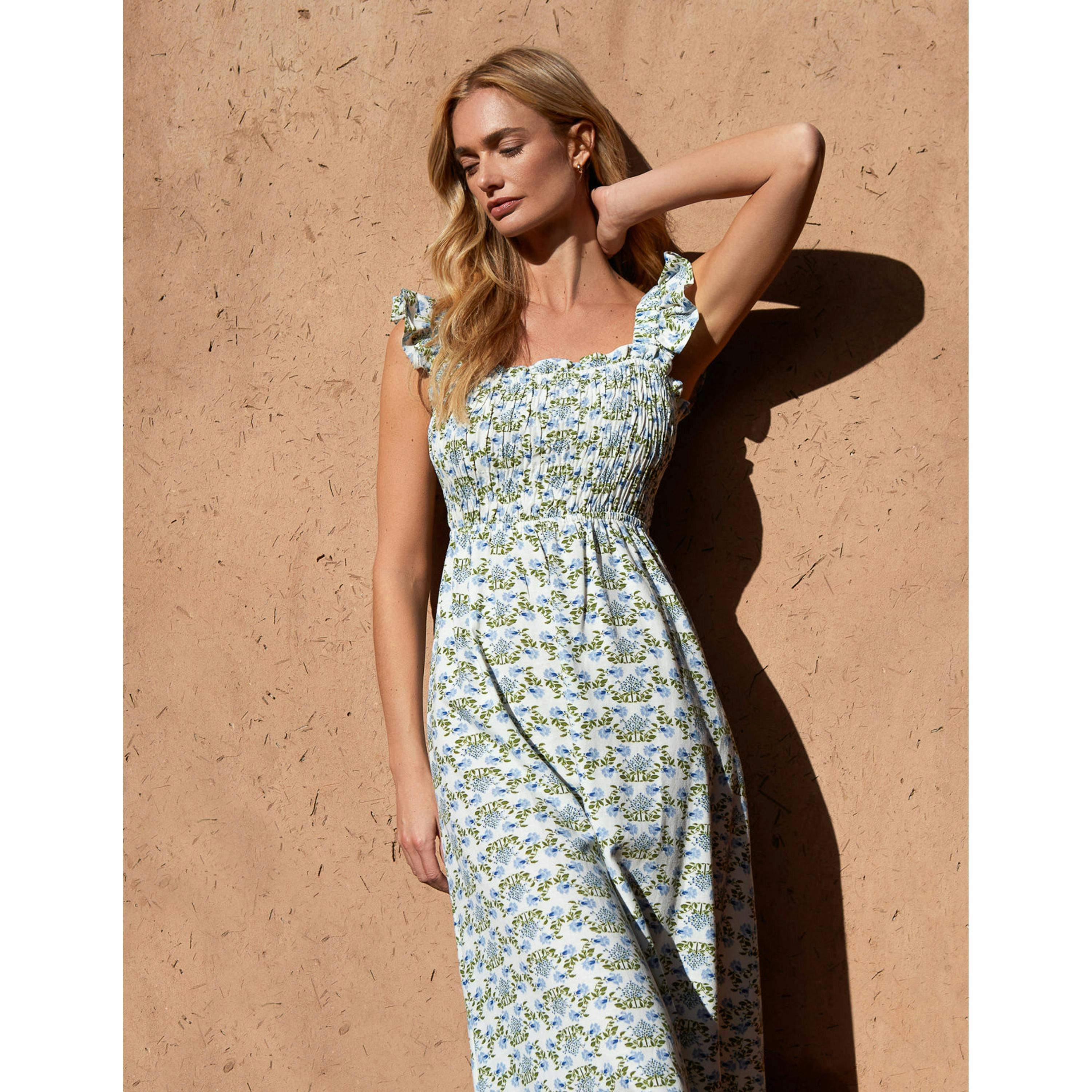 Blue Vanilla Floral & Frill Shirred Bodice Midi Dress  in Blue , view 5 of 6