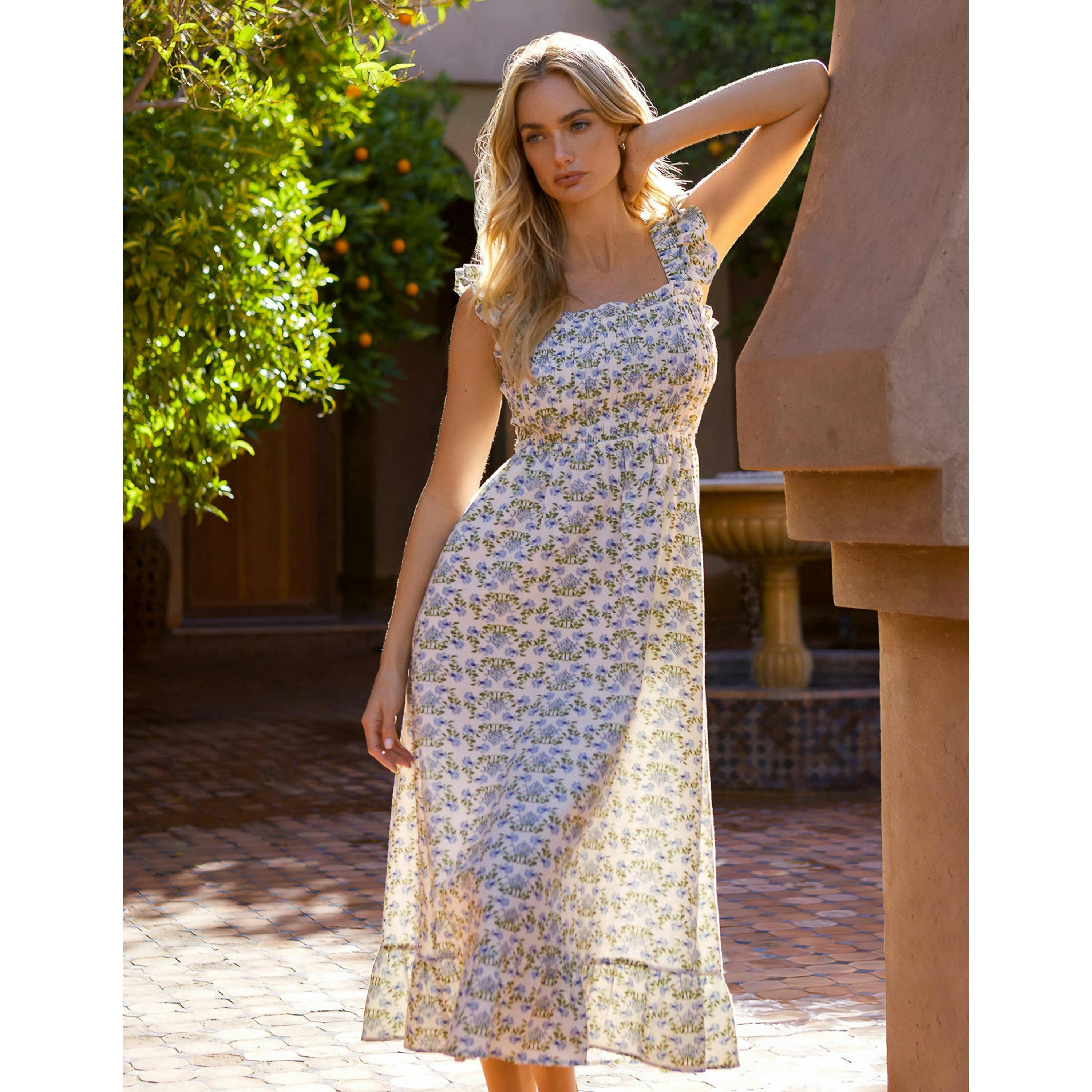 Blue Vanilla Floral & Frill Shirred Bodice Midi Dress  in Blue , view 6 of 6