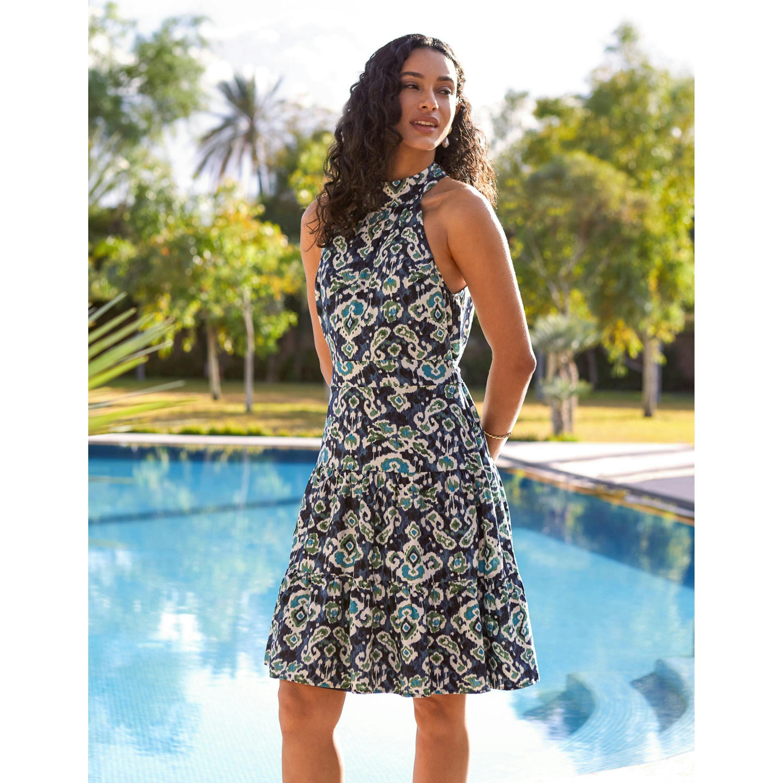 Blue Vanilla Tiered Halter Neck Aztec Belted Mini Dress  in Blue , view 5 of 5