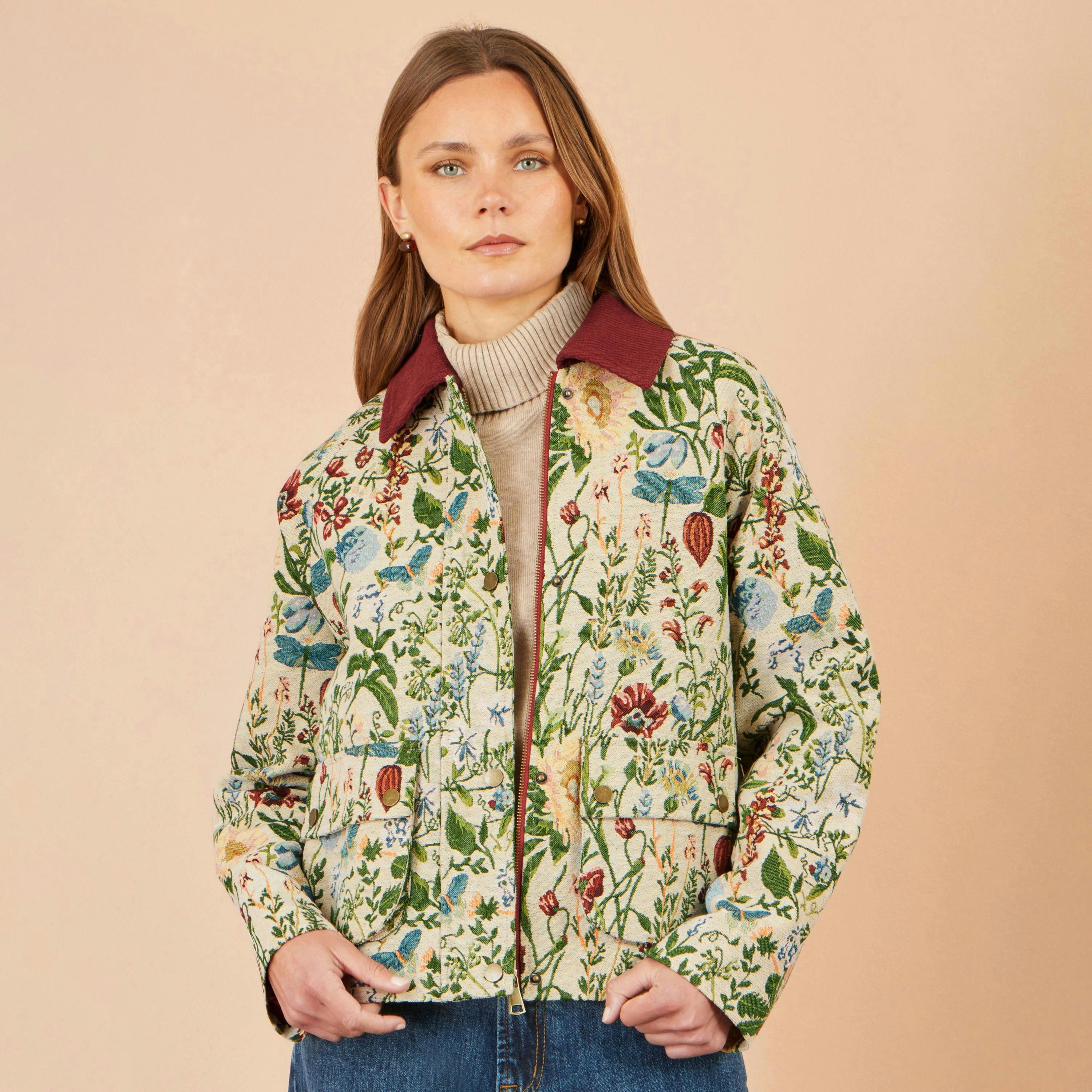 Yumi Ivory Botanical Woven Bomber Jacket , view 3 of 6