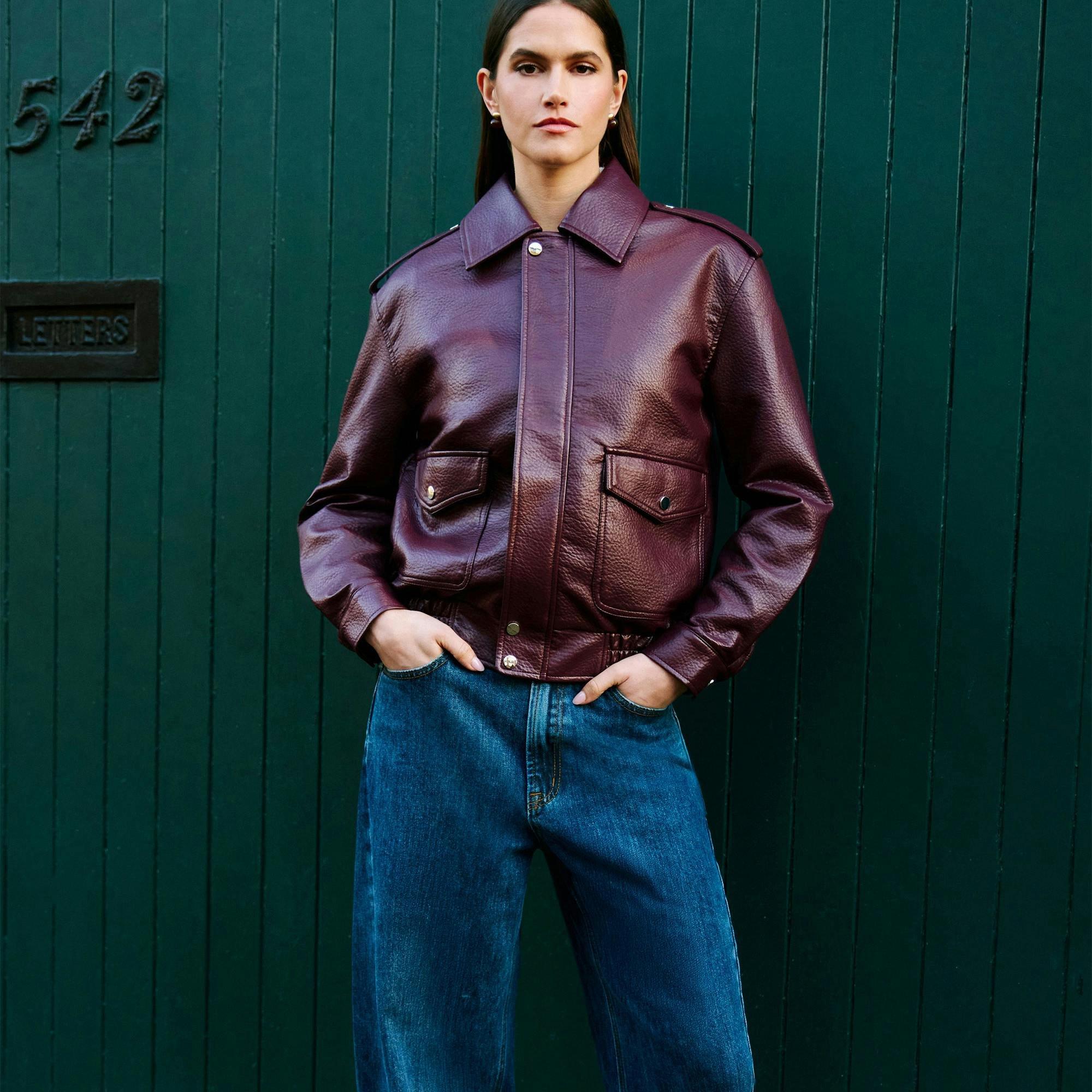Yumi Burgundy Faux Leather Bomber Jacket , view 2 of 6