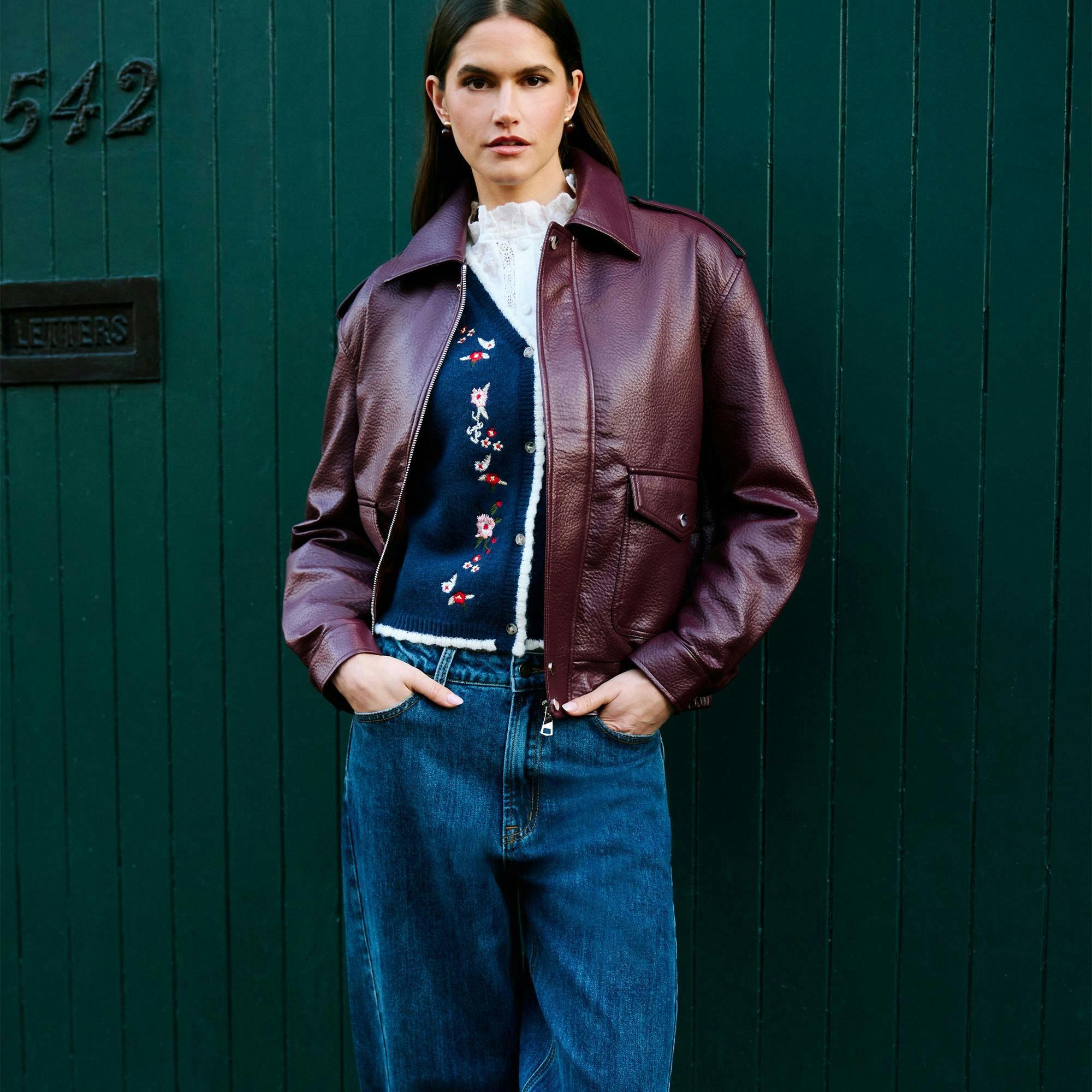 Yumi Burgundy Faux Leather Bomber Jacket , view 3 of 6