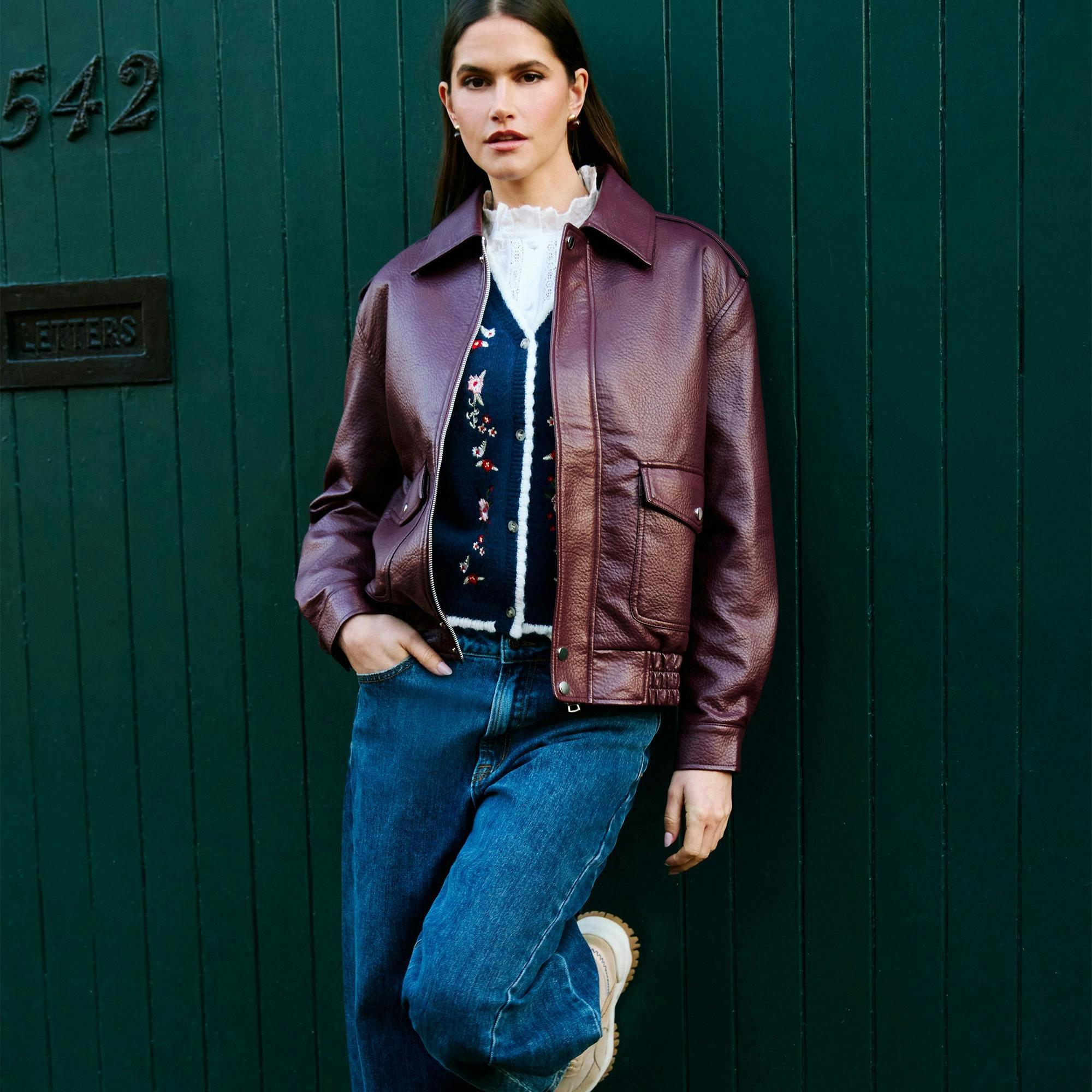 Yumi Burgundy Faux Leather Bomber Jacket , view 4 of 6
