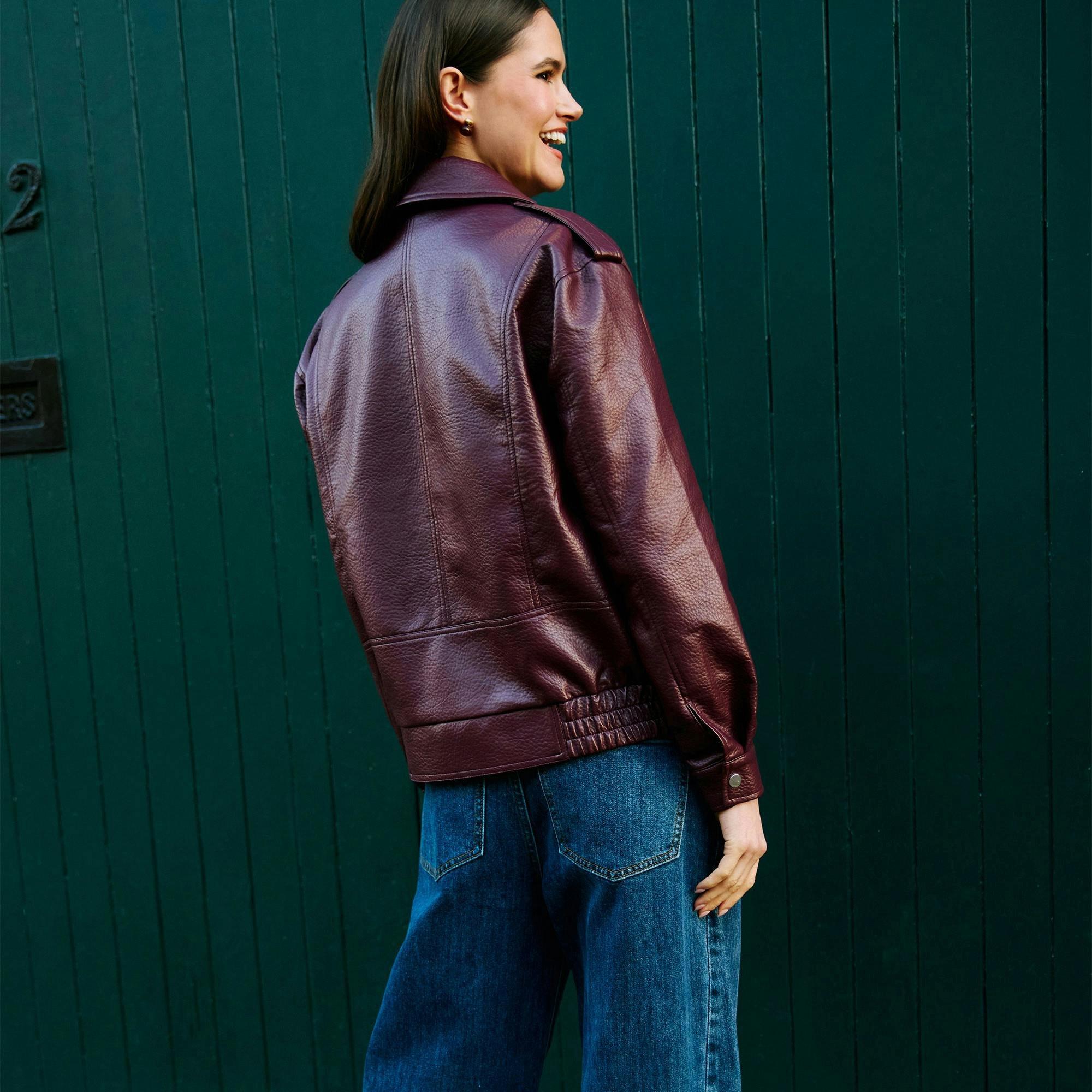 Yumi Burgundy Faux Leather Bomber Jacket , view 5 of 6