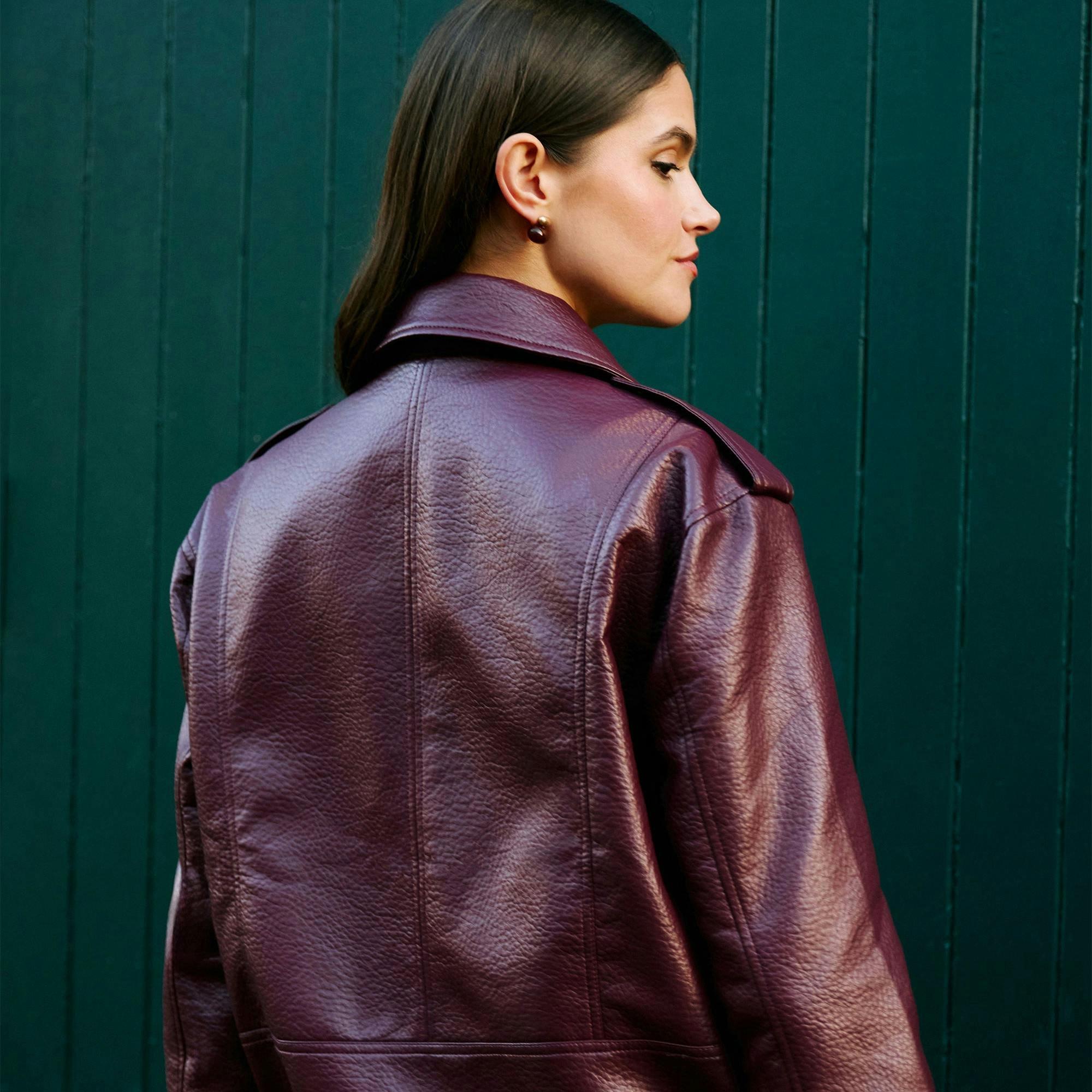 Yumi Burgundy Faux Leather Bomber Jacket , view 6 of 6