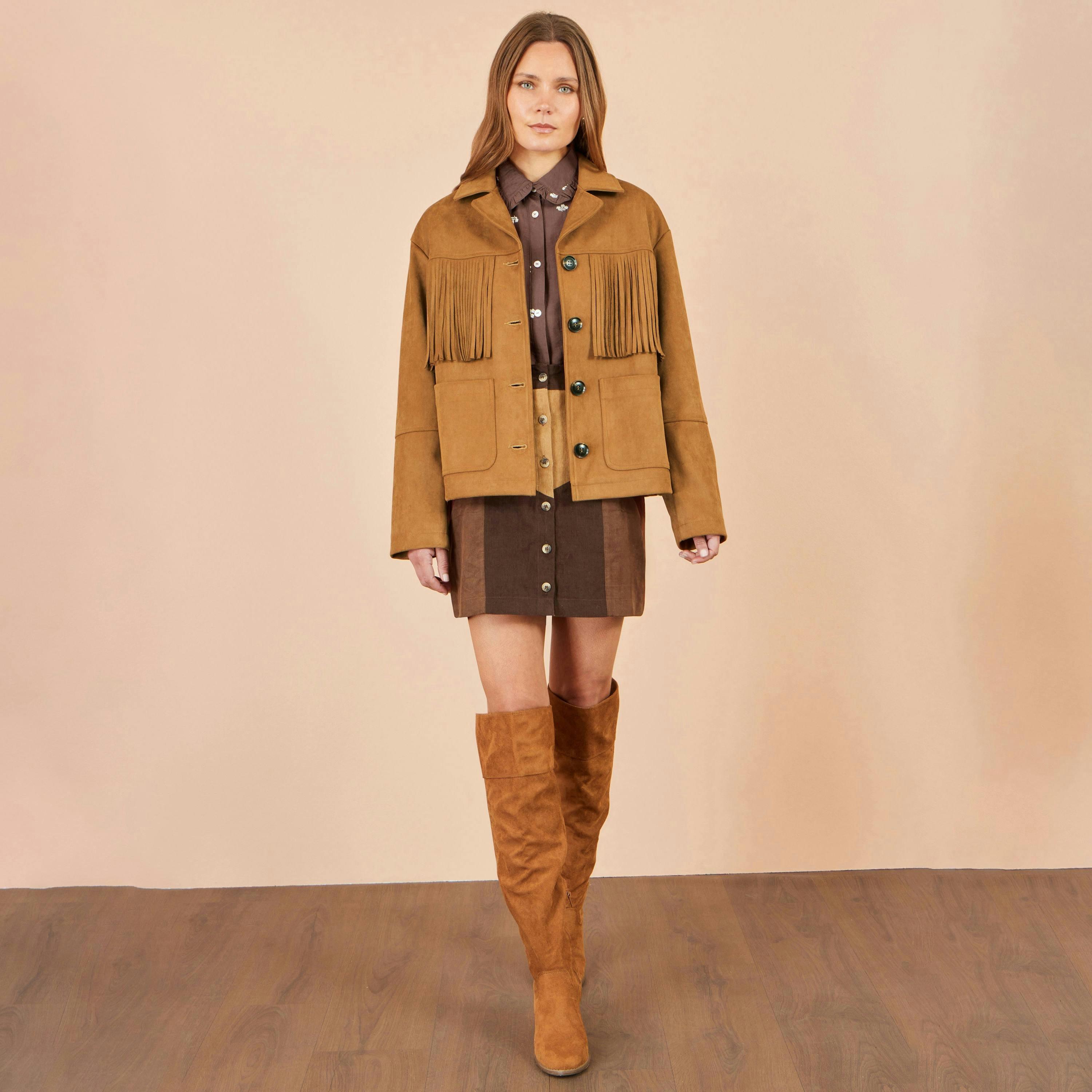 Yumi Brown Faux Suede Tassel Jacket , view 3 of 5