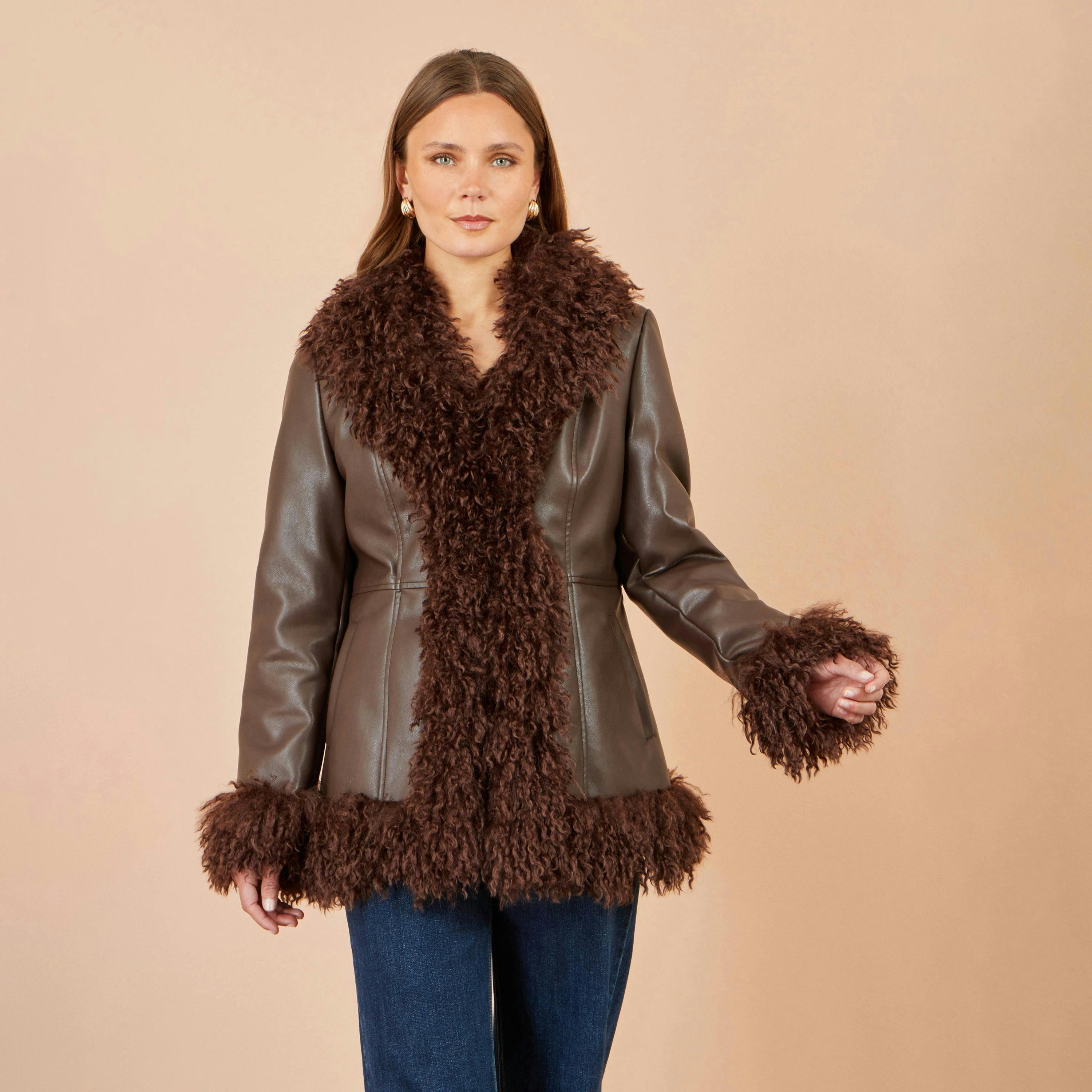 Yumi Brown Faux Leather Coat With Faux Fur Trims , view 2 of 6