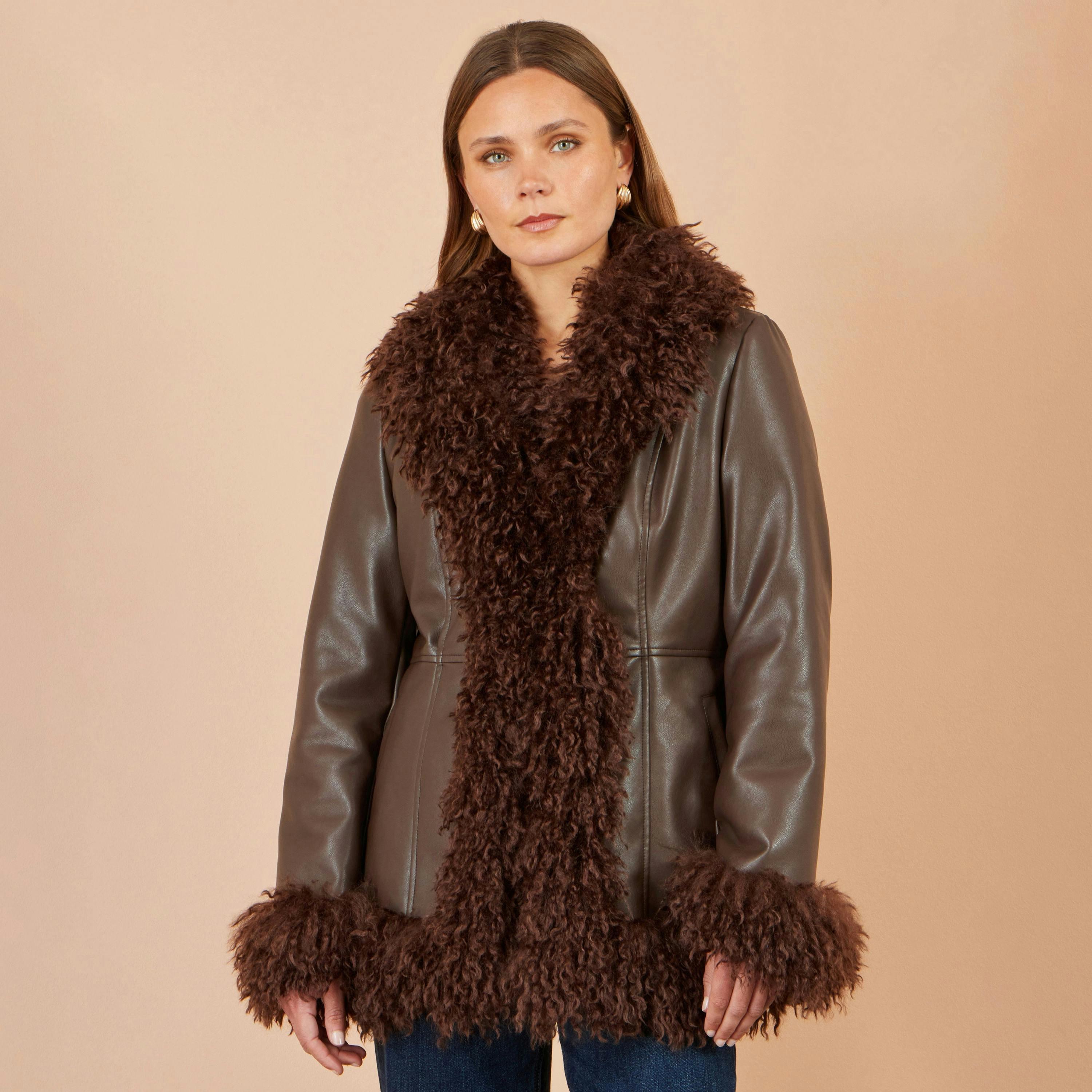 Yumi Brown Faux Leather Coat With Faux Fur Trims , view 3 of 6