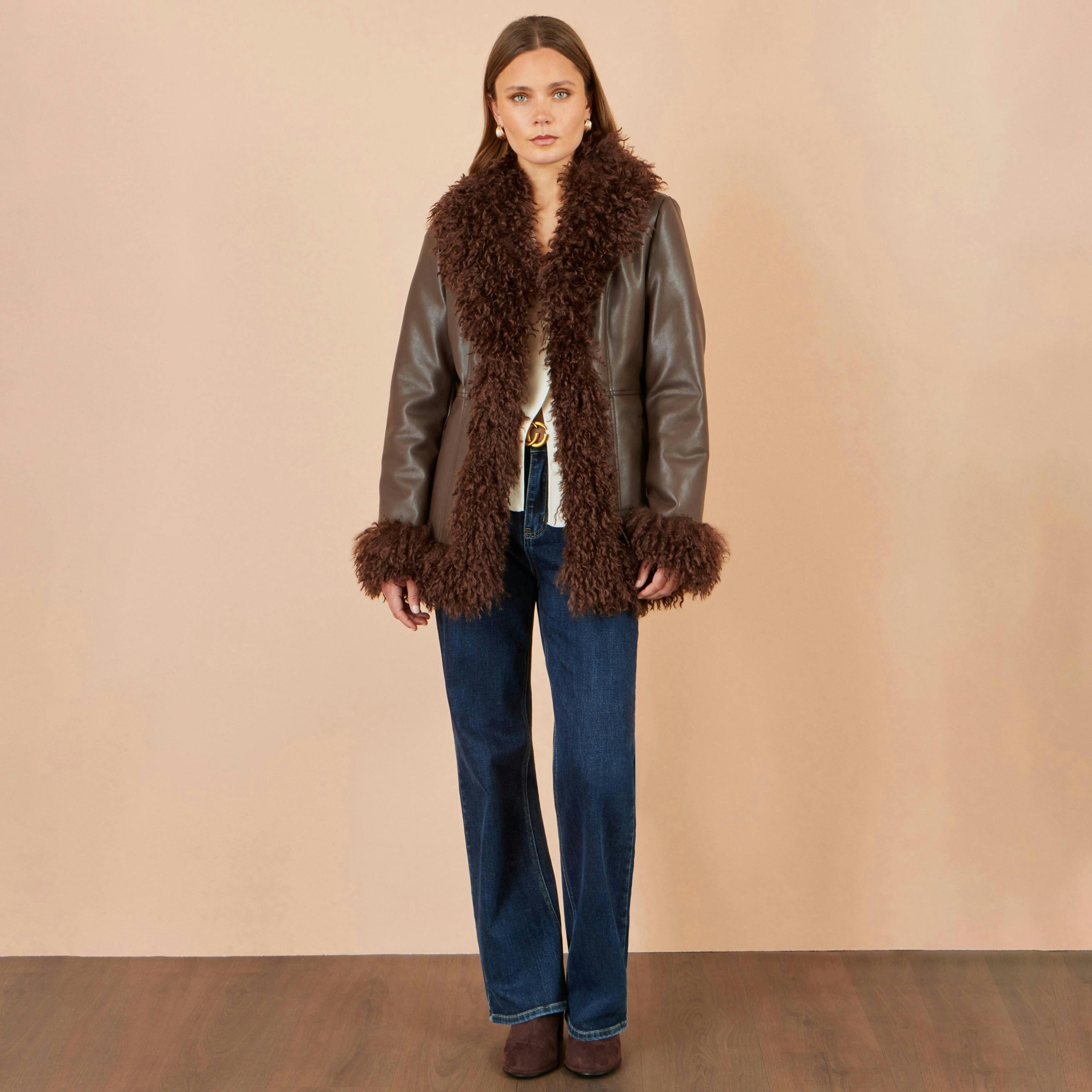 Yumi Brown Faux Leather Coat With Faux Fur Trims , view 4 of 6