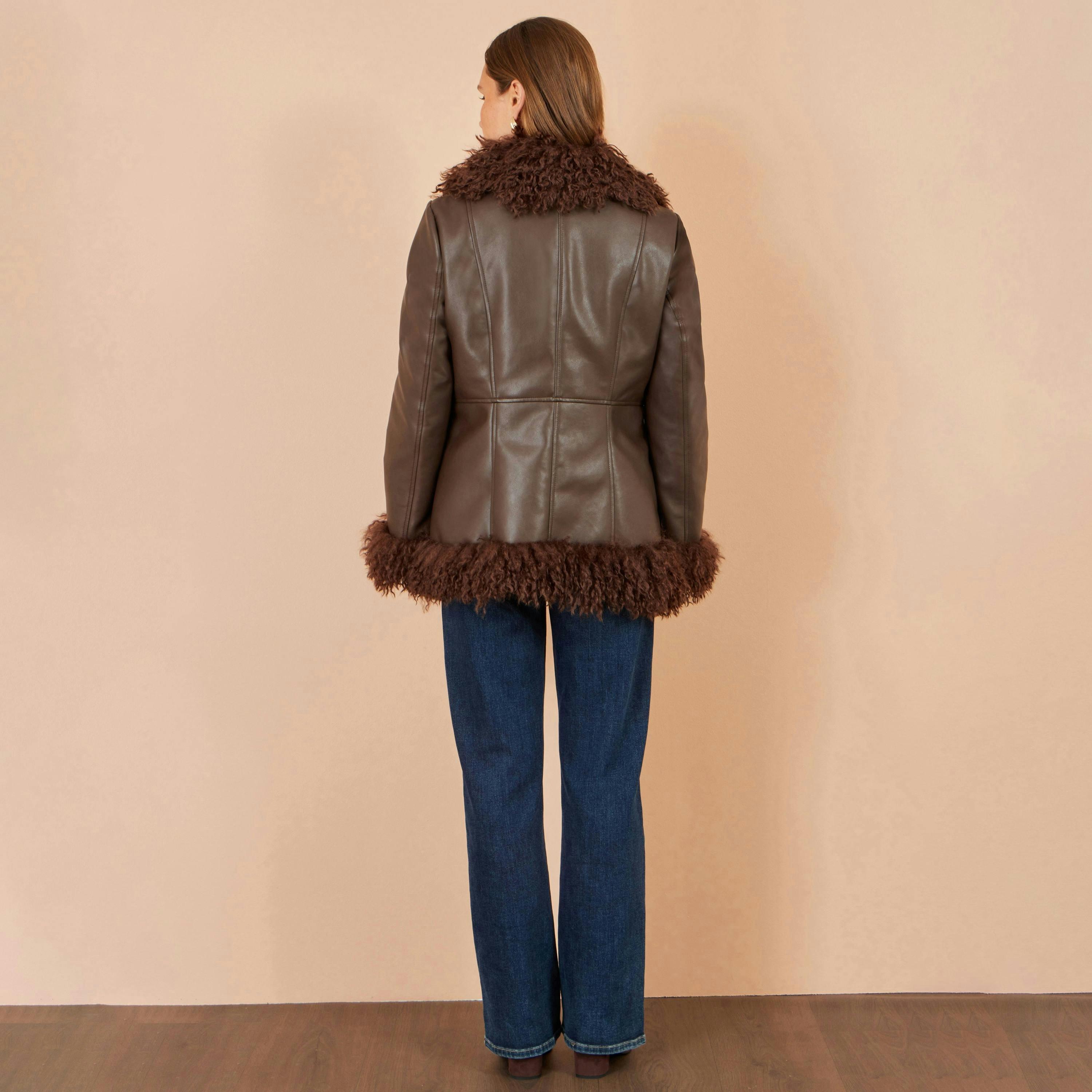 Yumi Brown Faux Leather Coat With Faux Fur Trims , view 5 of 6