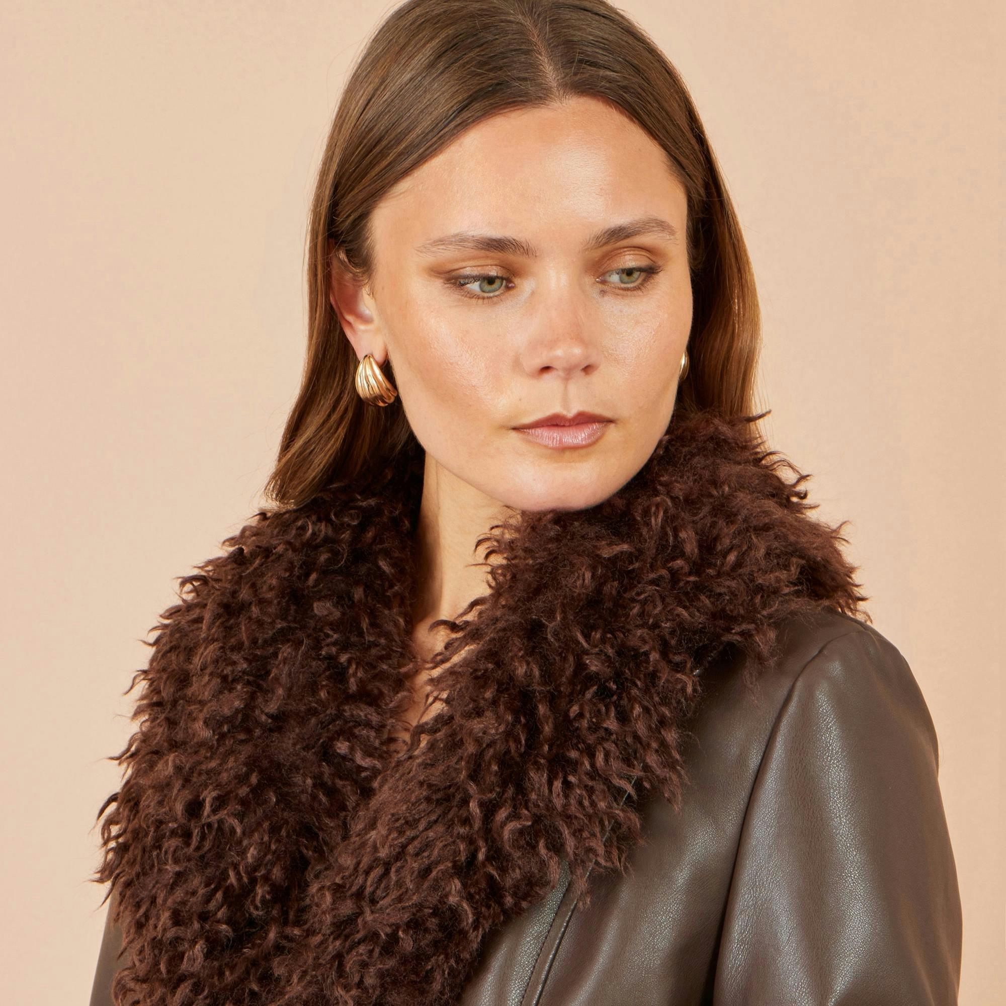 Yumi Brown Faux Leather Coat With Faux Fur Trims , view 6 of 6
