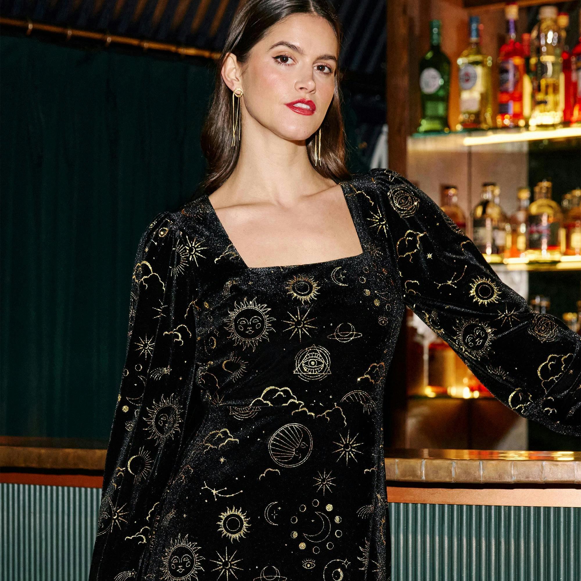 Yumi Black Cosmic Foil Print Midi Dress , view 2 of 6