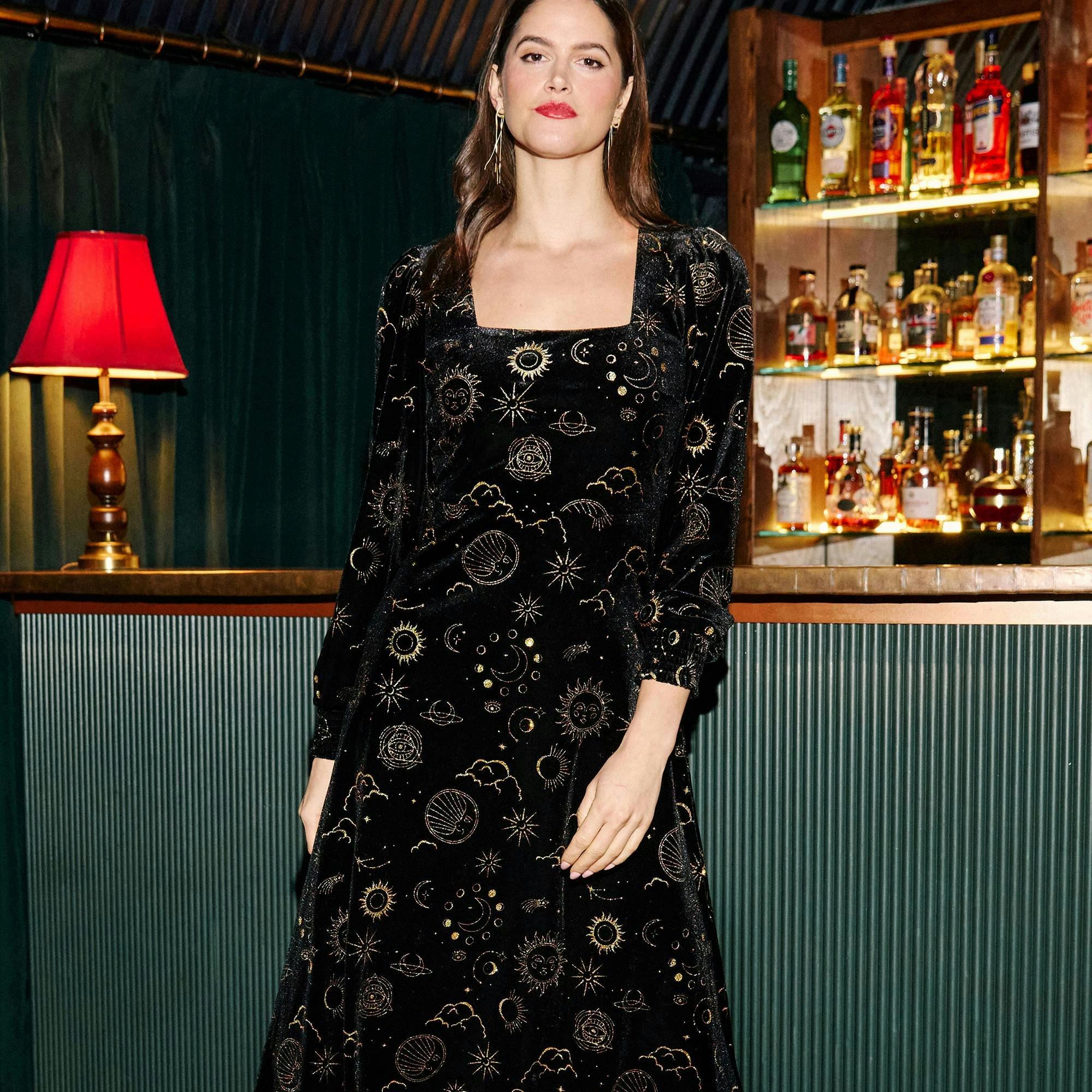 Yumi Black Cosmic Foil Print Midi Dress , view 4 of 6
