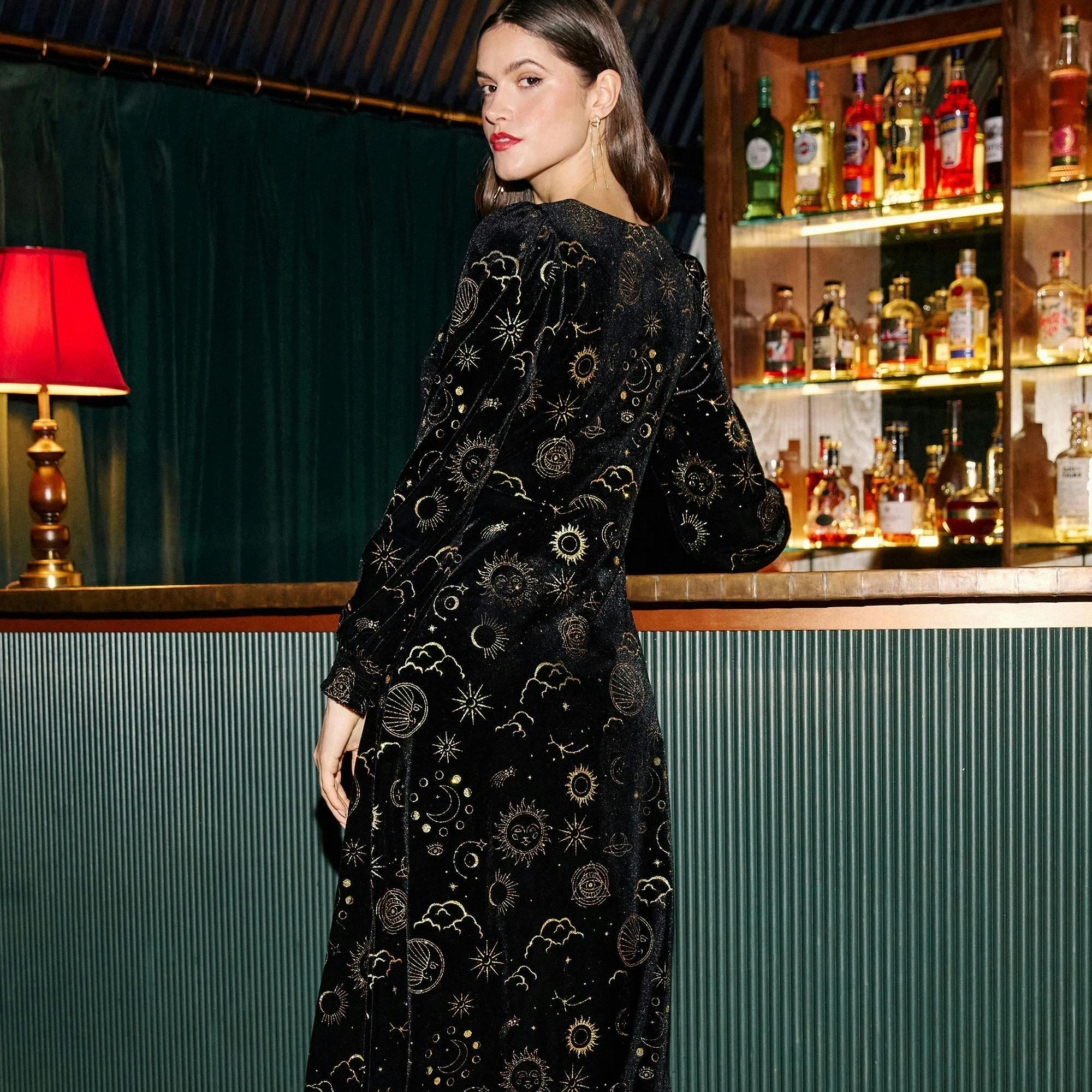 Yumi Black Cosmic Foil Print Midi Dress , view 5 of 6