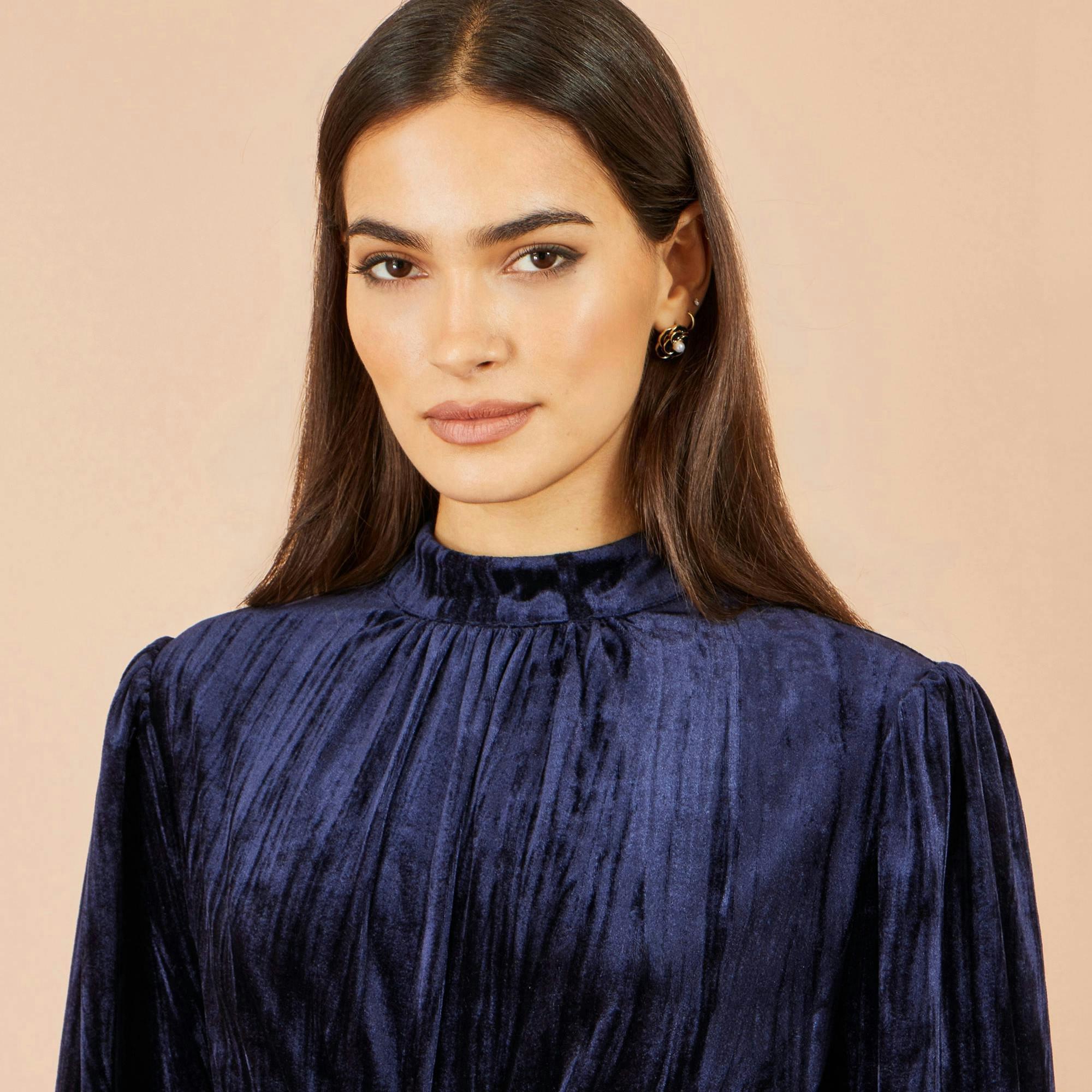Yumi Navy Ruched Waist Velvet Skater Dress , view 5 of 5